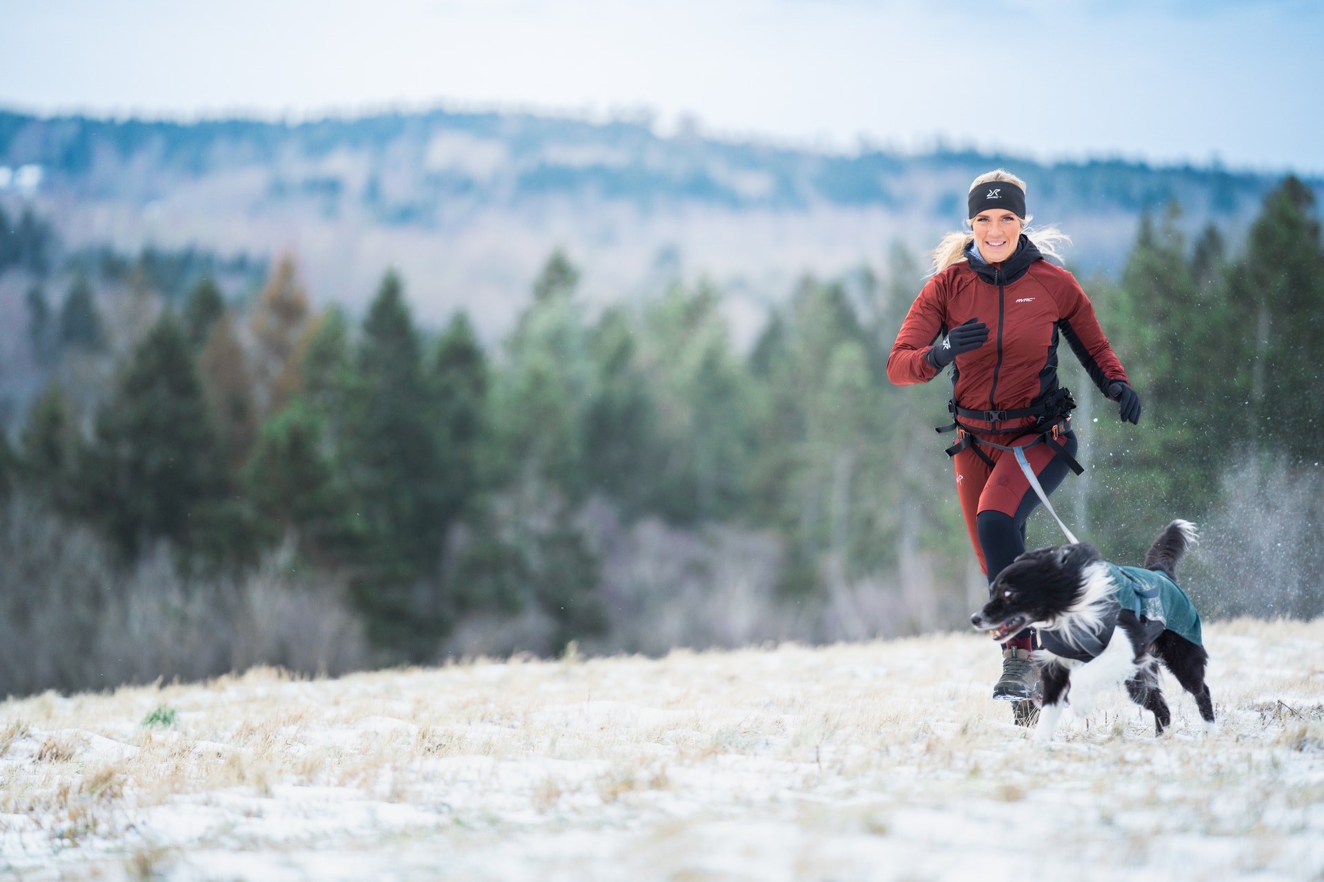 En person i röd jacka springer tillsammans med en svart hund på ett snöigt fält. Barrskog och berg syns i bakgrunden.