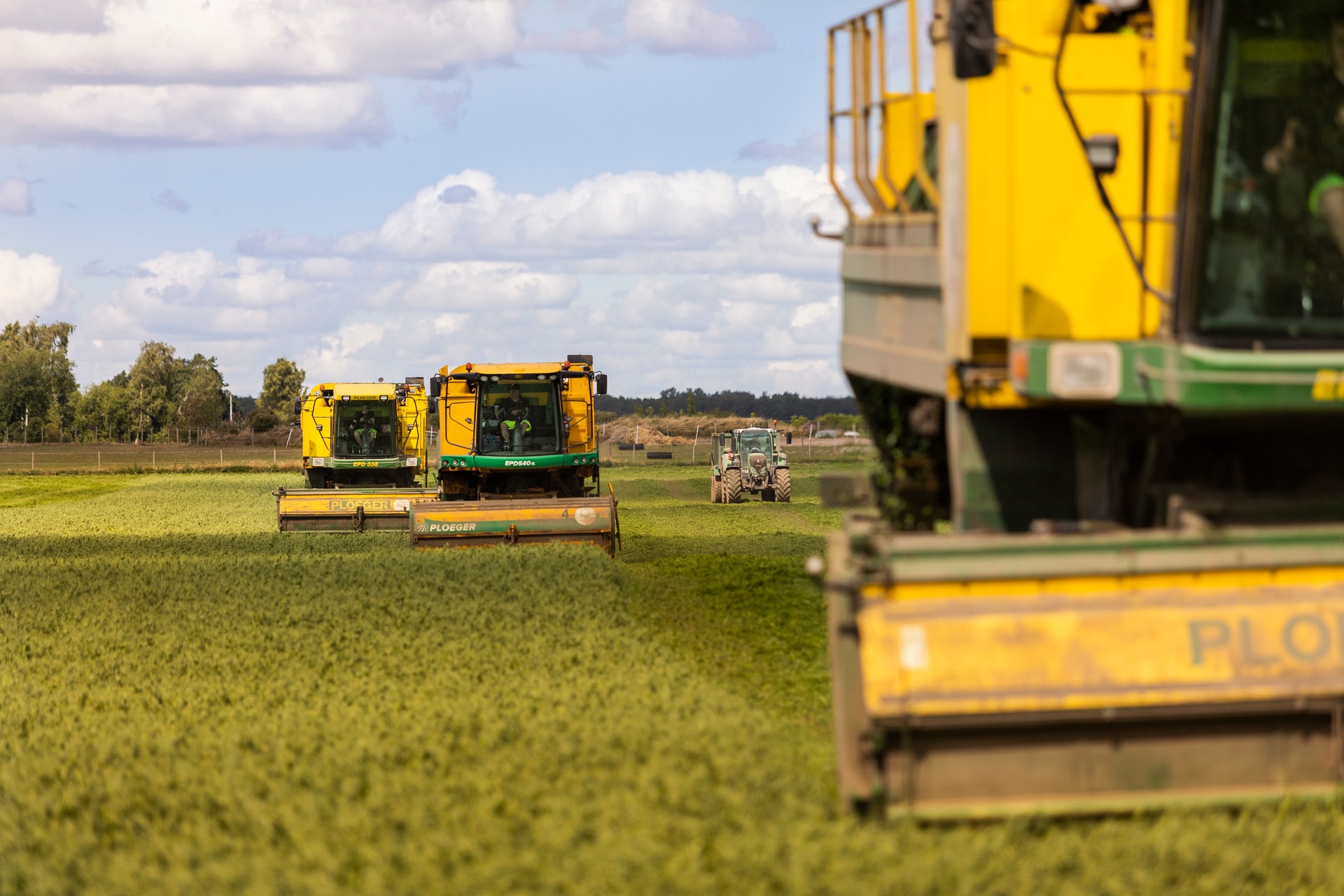 Gula och gröna skördemaskiner på ett grönt fält under molnig himmel.