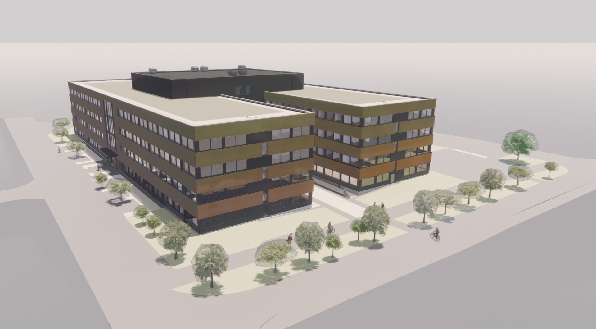 Arkitektonisk visualisering av en modern flervåningsbyggnad med träd och grönska runt byggnaden.