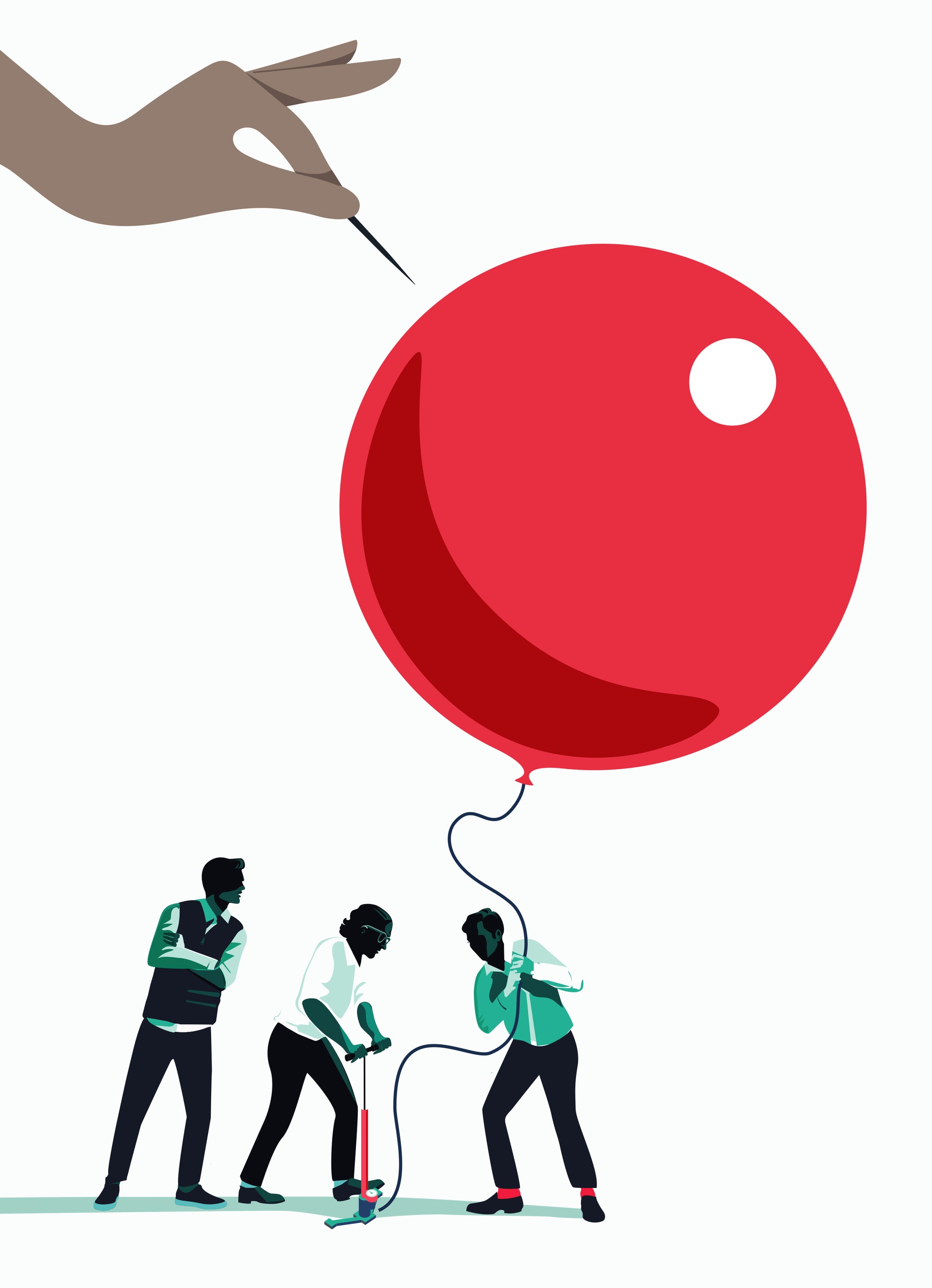 Illustration av tre personer som håller i en snöre fäst vid en stor röd ballong, medan en hand från ovan håller en nål riktad mot ballongen.