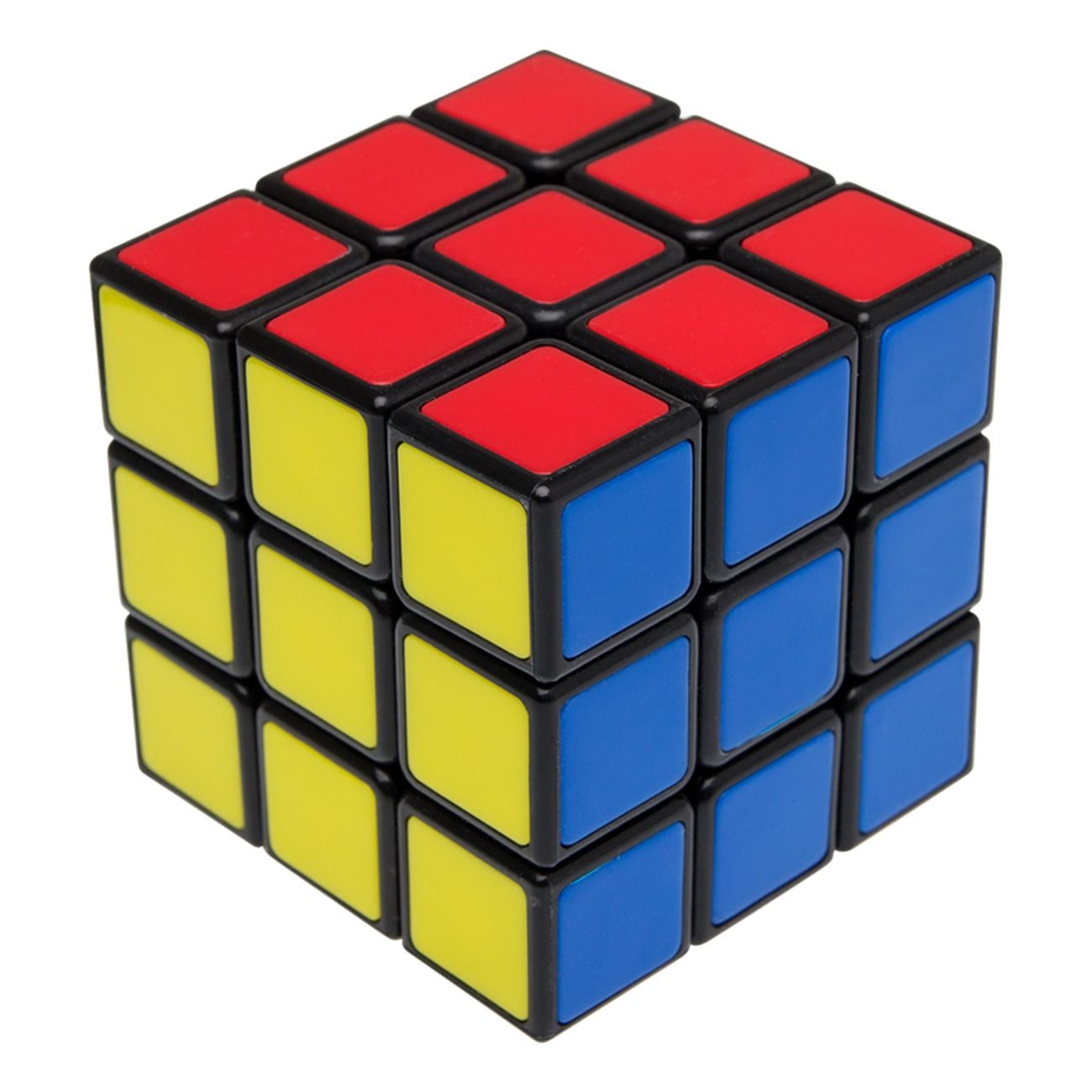 En Rubiks kub med röda, gula och blå sidor synliga.