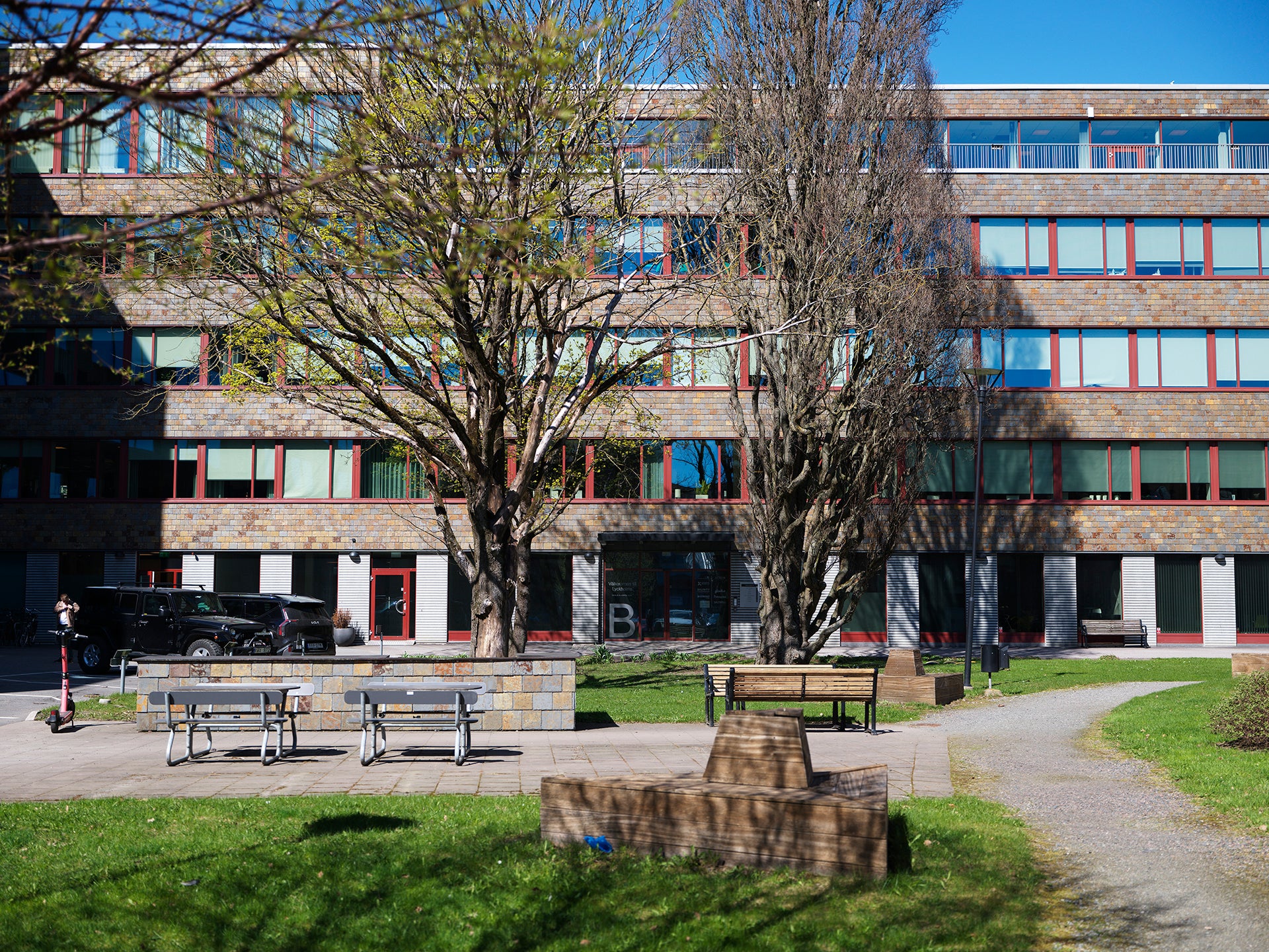 Innergård med flerbostadshus, träd och bänkar på en solig dag