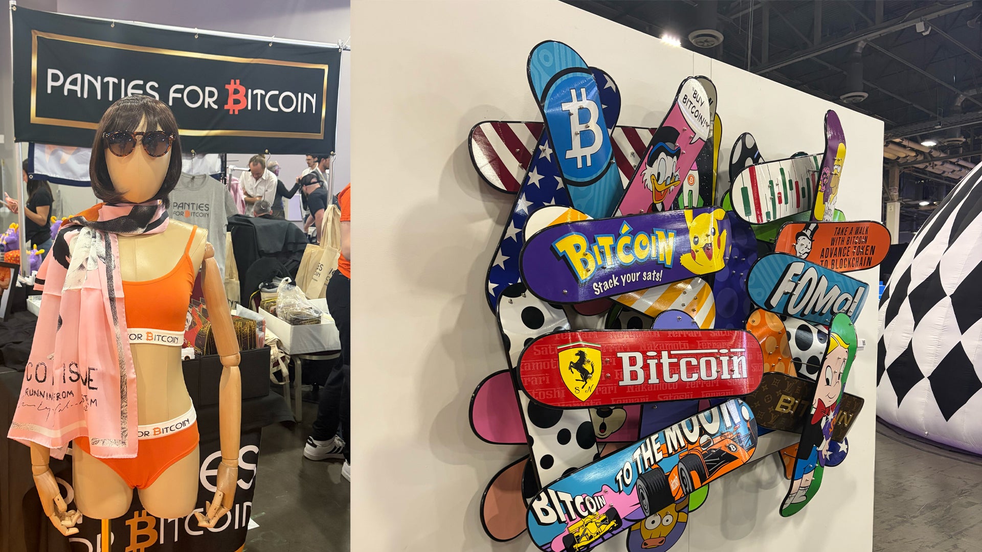 Två bitcoin-relaterade konstinstallationer på utställning. Till vänster en mannekäng i orange och rosa kläder under skylt med texten 'Panties for Bitcoin'. Till höger en färgglad väggkonst med bitcoin-symboler, text och abstrakta former i olika färger.