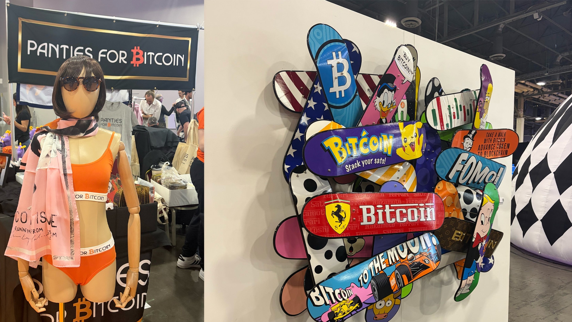 Två bitcoin-relaterade konstinstallationer på utställning. Till vänster en mannekäng i orange och rosa kläder under skylt med texten 'Panties for Bitcoin'. Till höger en färgglad väggkonst med bitcoin-symboler, text och abstrakta former i olika färger.