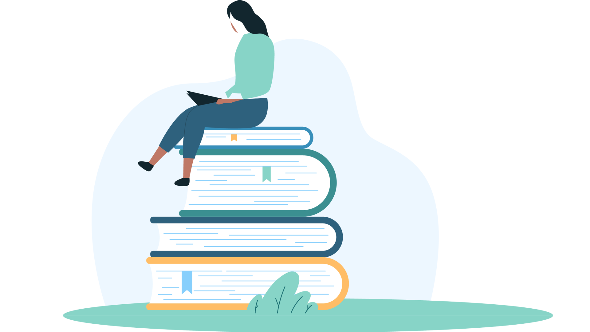 Illustration som visar en kvinna som sitter på en trave böcker.