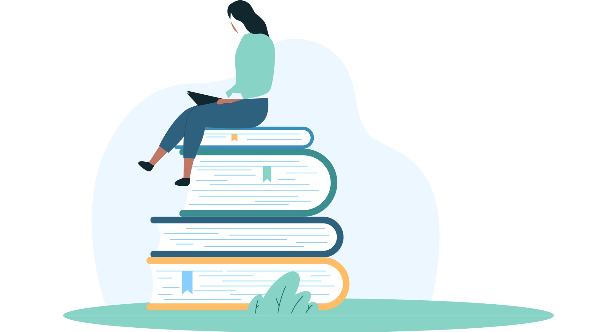 Illustration som visar en kvinna som sitter på en trave böcker.