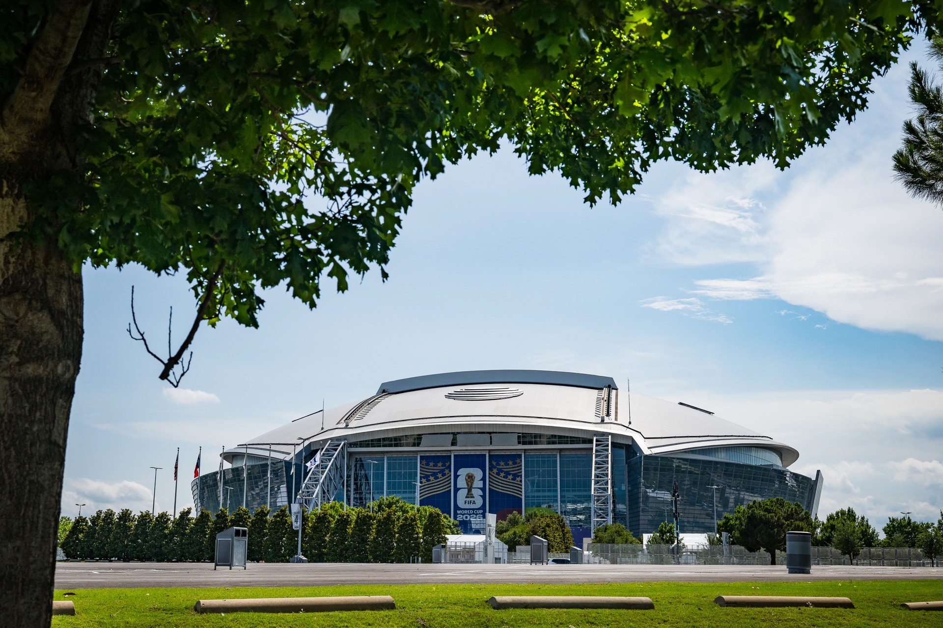 Modern blå och vit sportarena under molnig himmel, fotograferad från gräsmatta med stort träd i förgrunden.