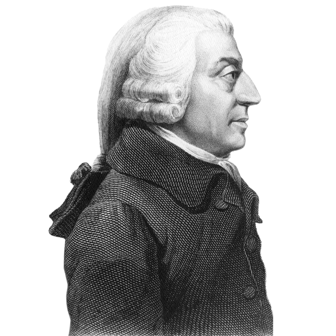 Porträttgravyr av Adam Smith, visar en man i profil med långt hår och 1700-talskläder.