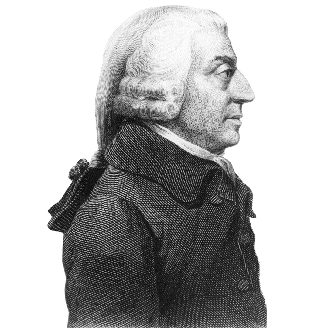 Porträttgravyr av Adam Smith, visar en man i profil med långt hår och 1700-talskläder.