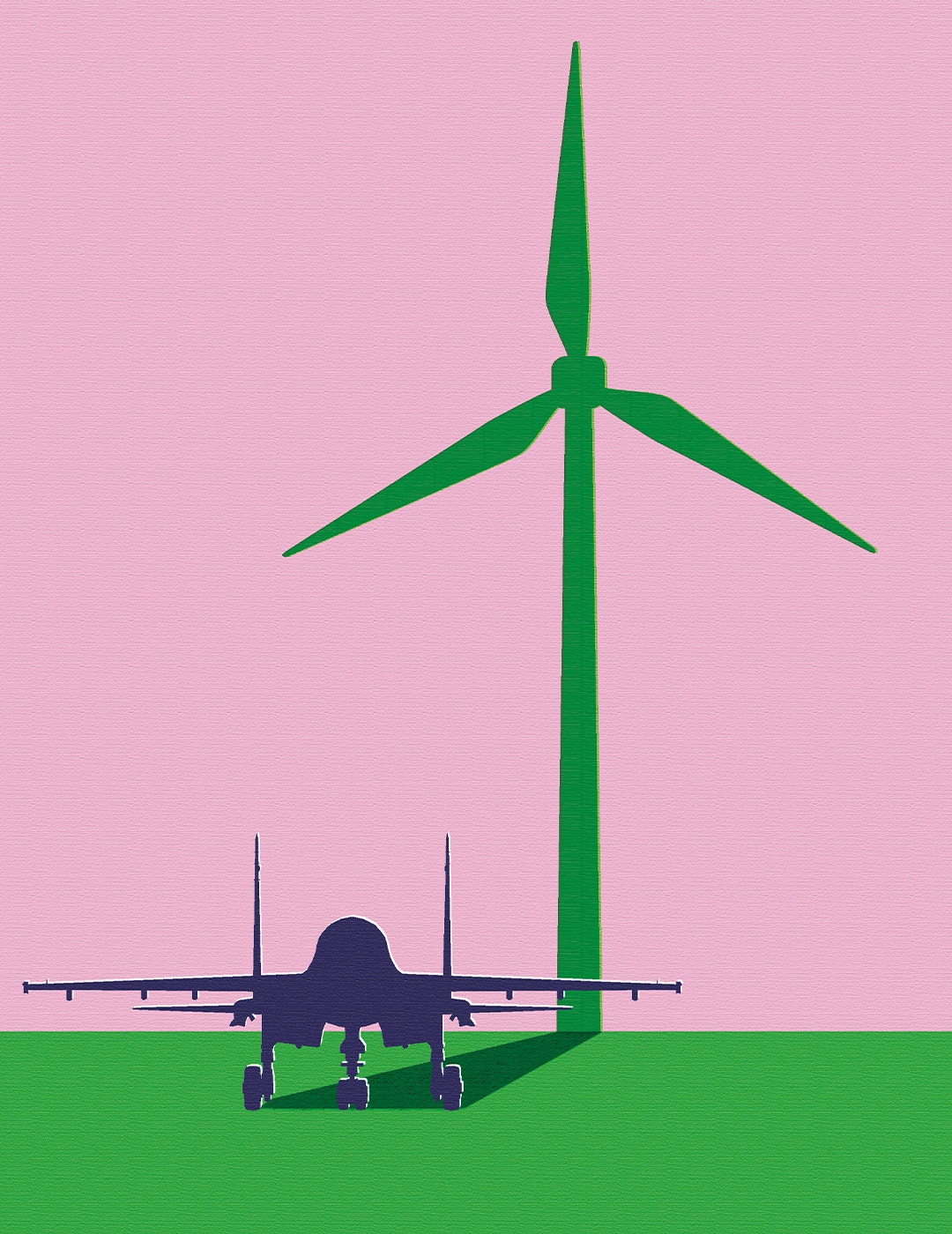 Illustration av ett militärflygplan under en vindkraftsmölla mot rosa himmel och grön mark.