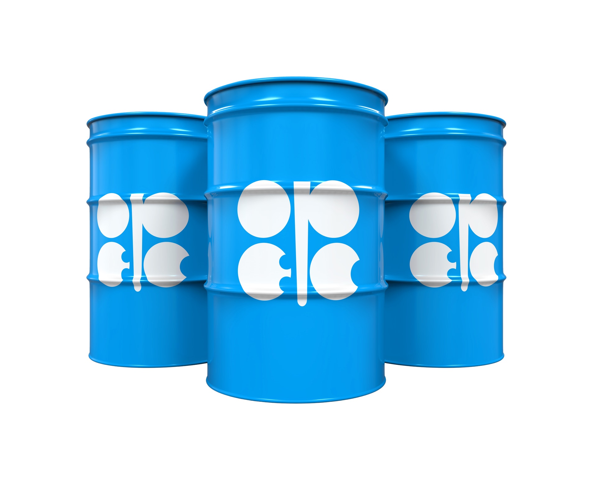 Tre blå oljefat med OPEC-logon