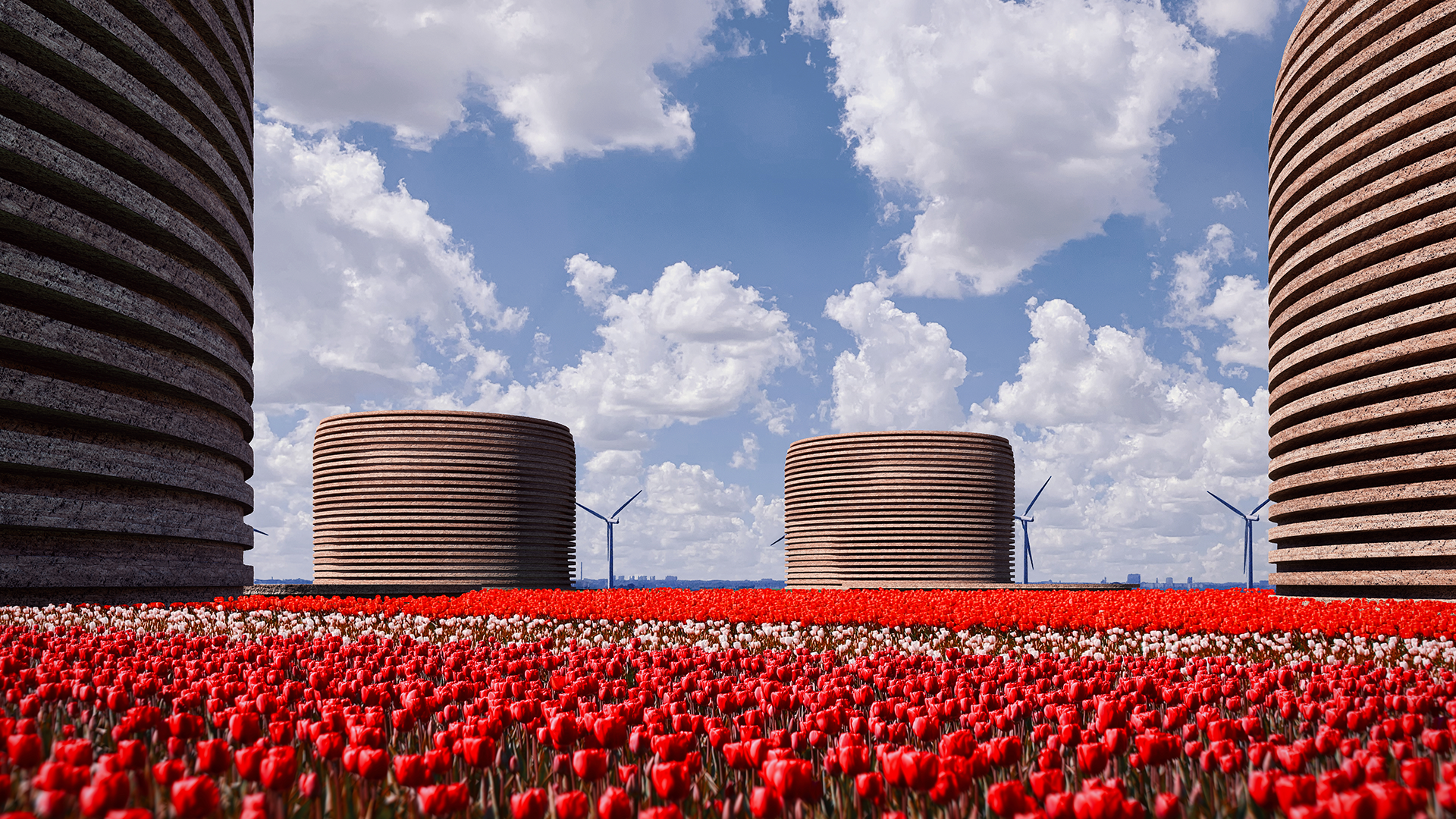 Visionsbild på Evrocs datacenter omgiven av ett hav i röda tulpaner.