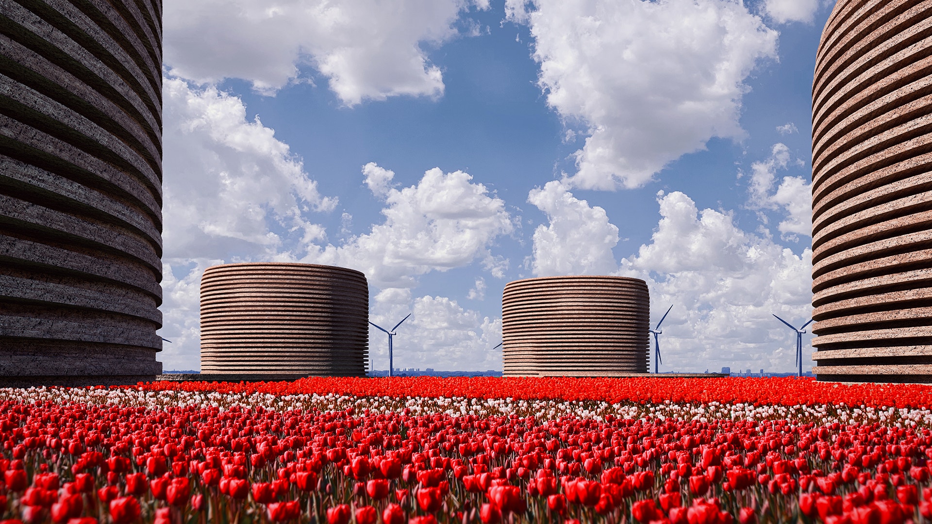 Visionsbild på Evrocs datacenter omgiven av ett hav i röda tulpaner.