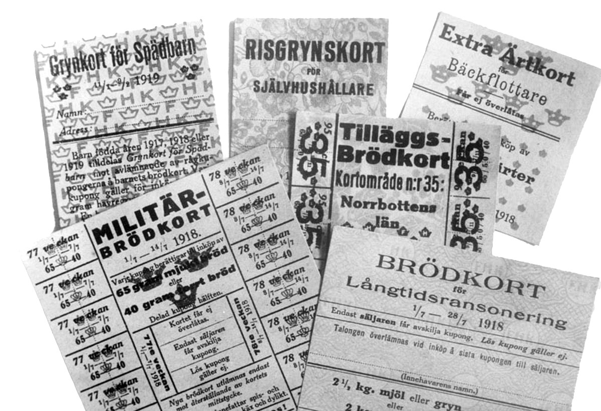 Historiska ransoneringskorta från Sverige med texter på svenska. Korten visar olika matransoneringar för olika grupper som småbarn, militär och allmänhet från början av 1900-talet.