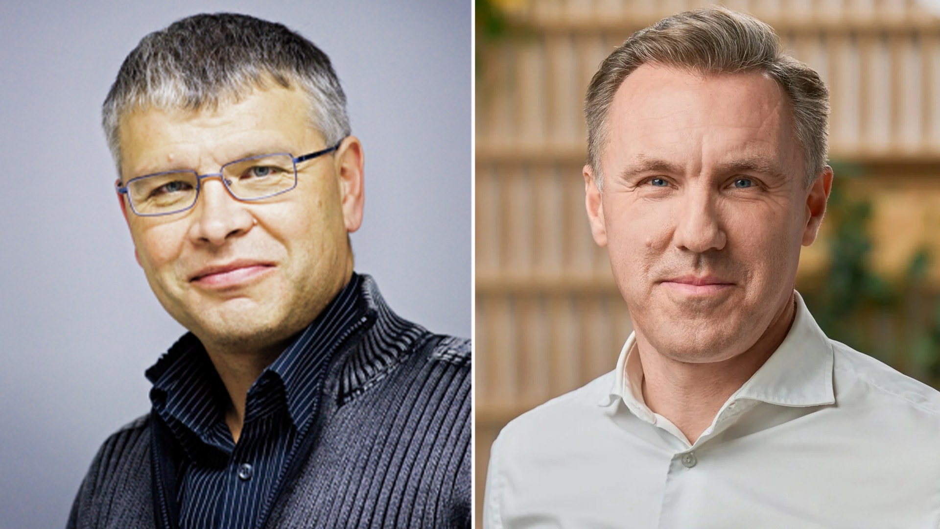 Porträtt av två män. Till vänster en man med glasögon och mörk randig skjorta. Till höger en man i vit skjorta framför en bokhylla.