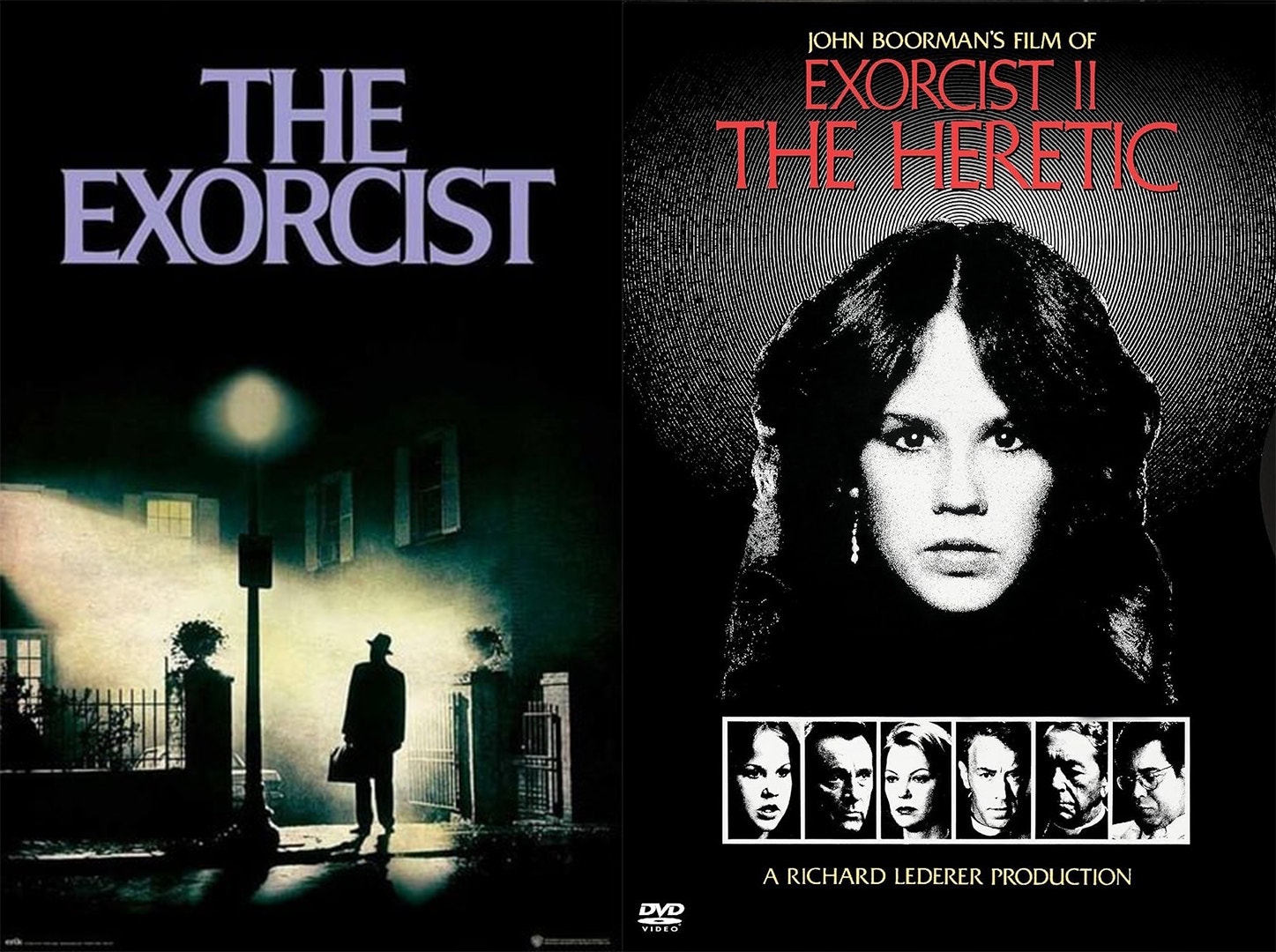 Två filmaffischer: The Exorcist med en man med portfölj under en gatlykta, och Exorcist II: The Heretic med en kvinnas ansikte.