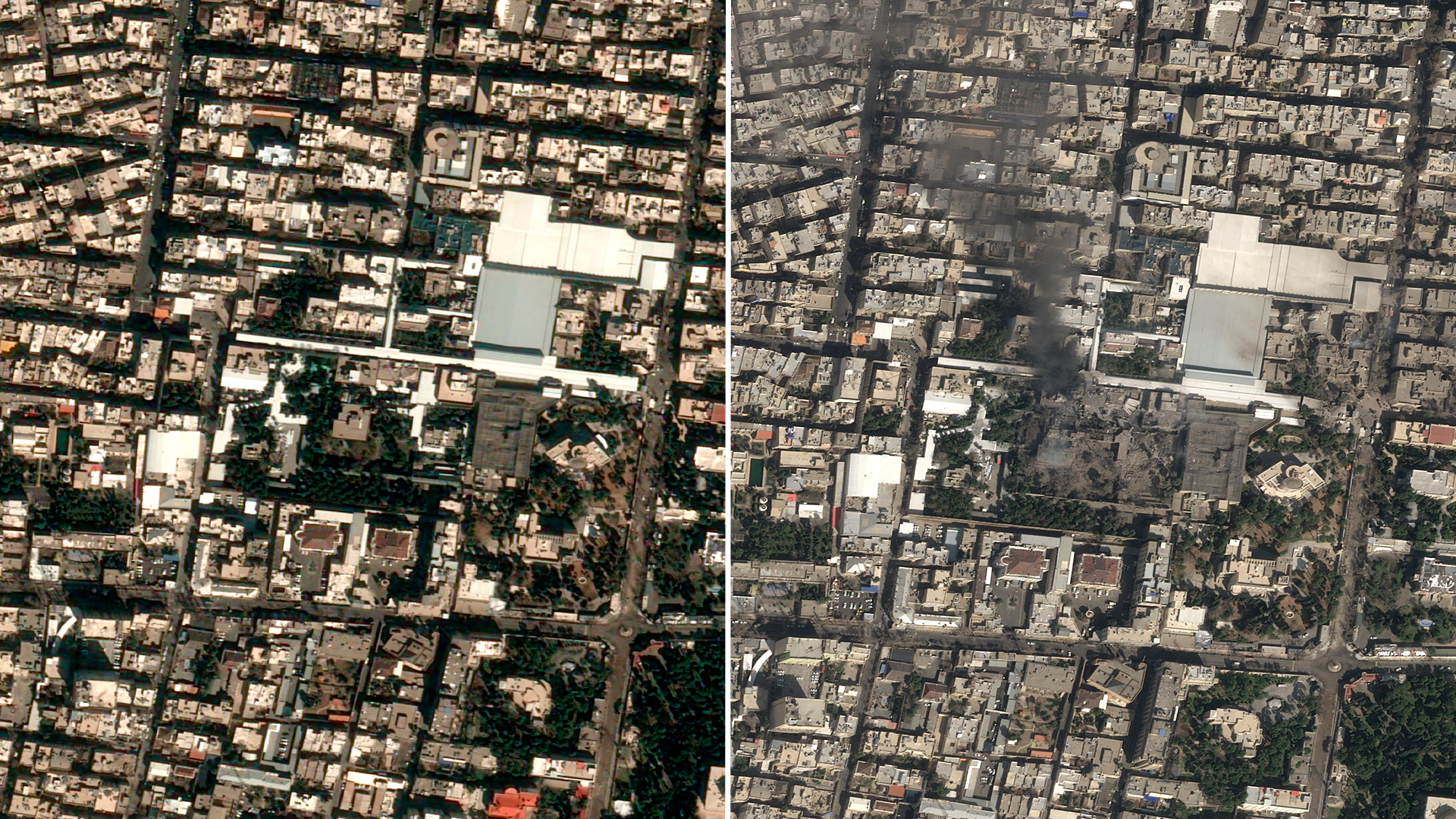 Satellitbild över ett tätt bebyggt bostadsområde sett från ovan, med två jämförande vyer av samma stadsdel.