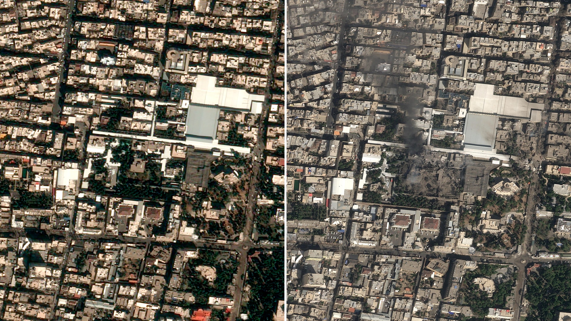 Satellitbild över ett tätt bebyggt bostadsområde sett från ovan, med två jämförande vyer av samma stadsdel.