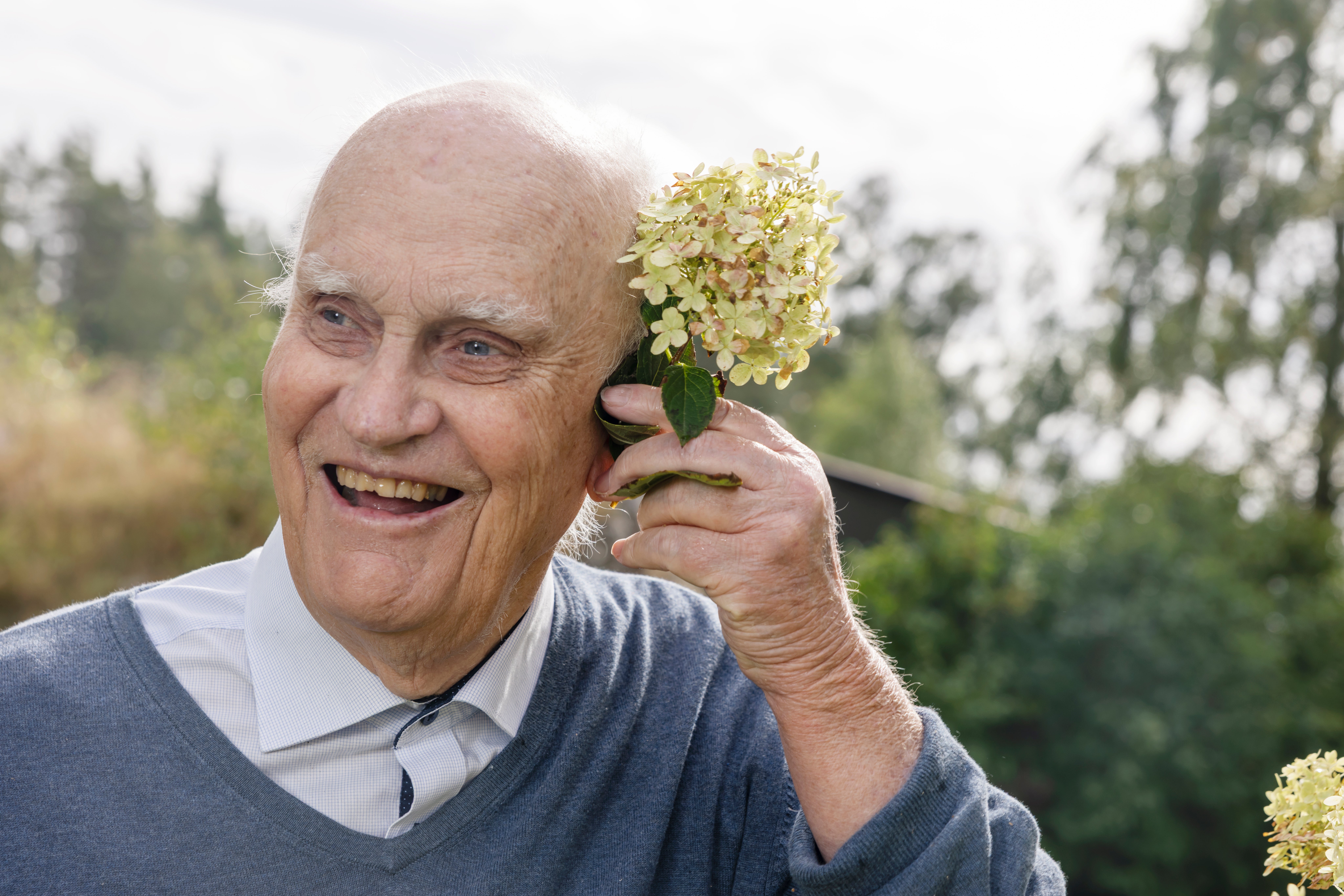 En äldre man som ler och håller upp en gul hortensia framför sitt öra. Gröna träd syns i bakgrunden.