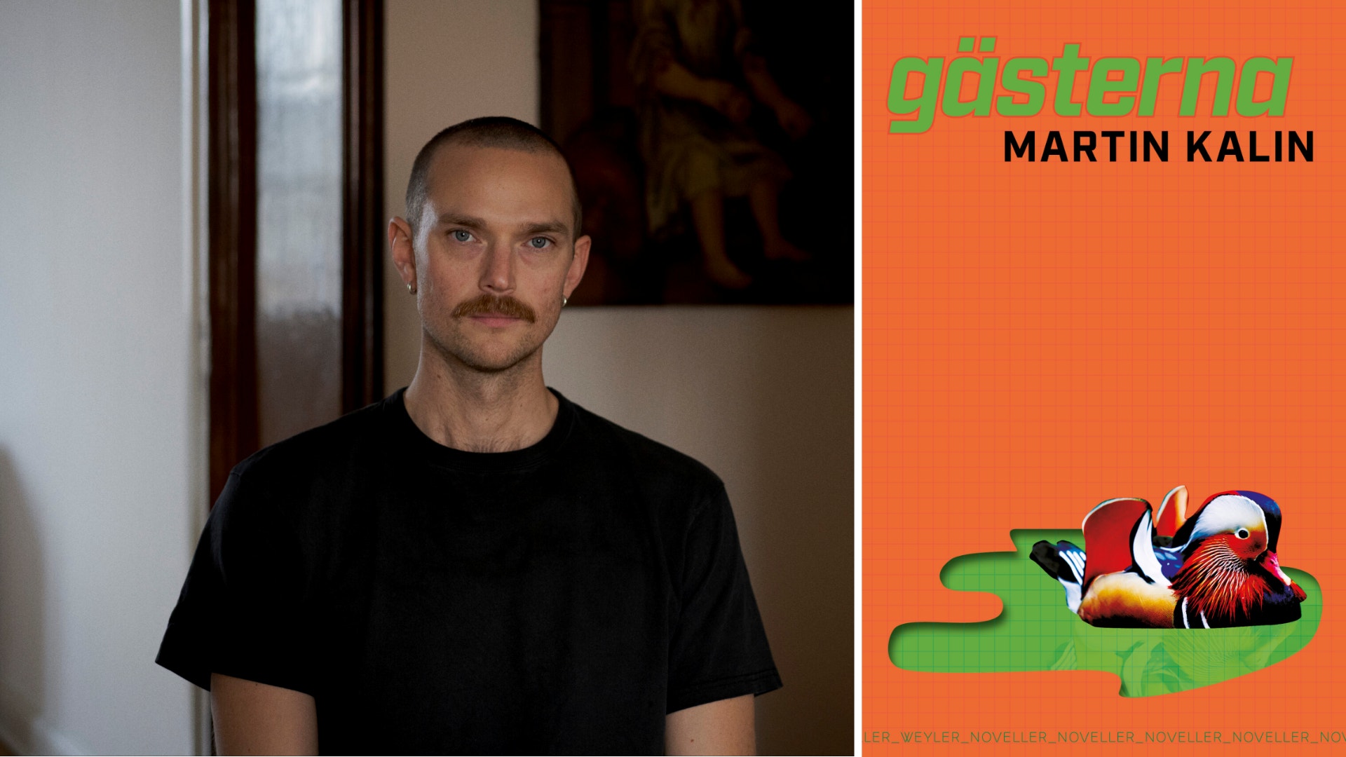 Porträtt av Martin Kalin tillsammans med omslaget till boken Gästerna.