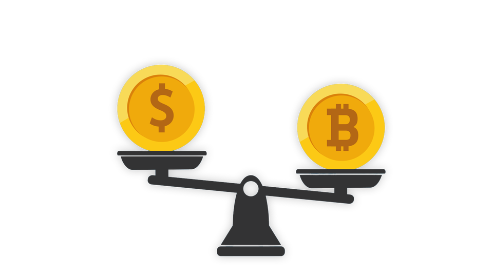 Illustration där Bitcoin och Dollarn vägs mot varandra i en klassisk våg.