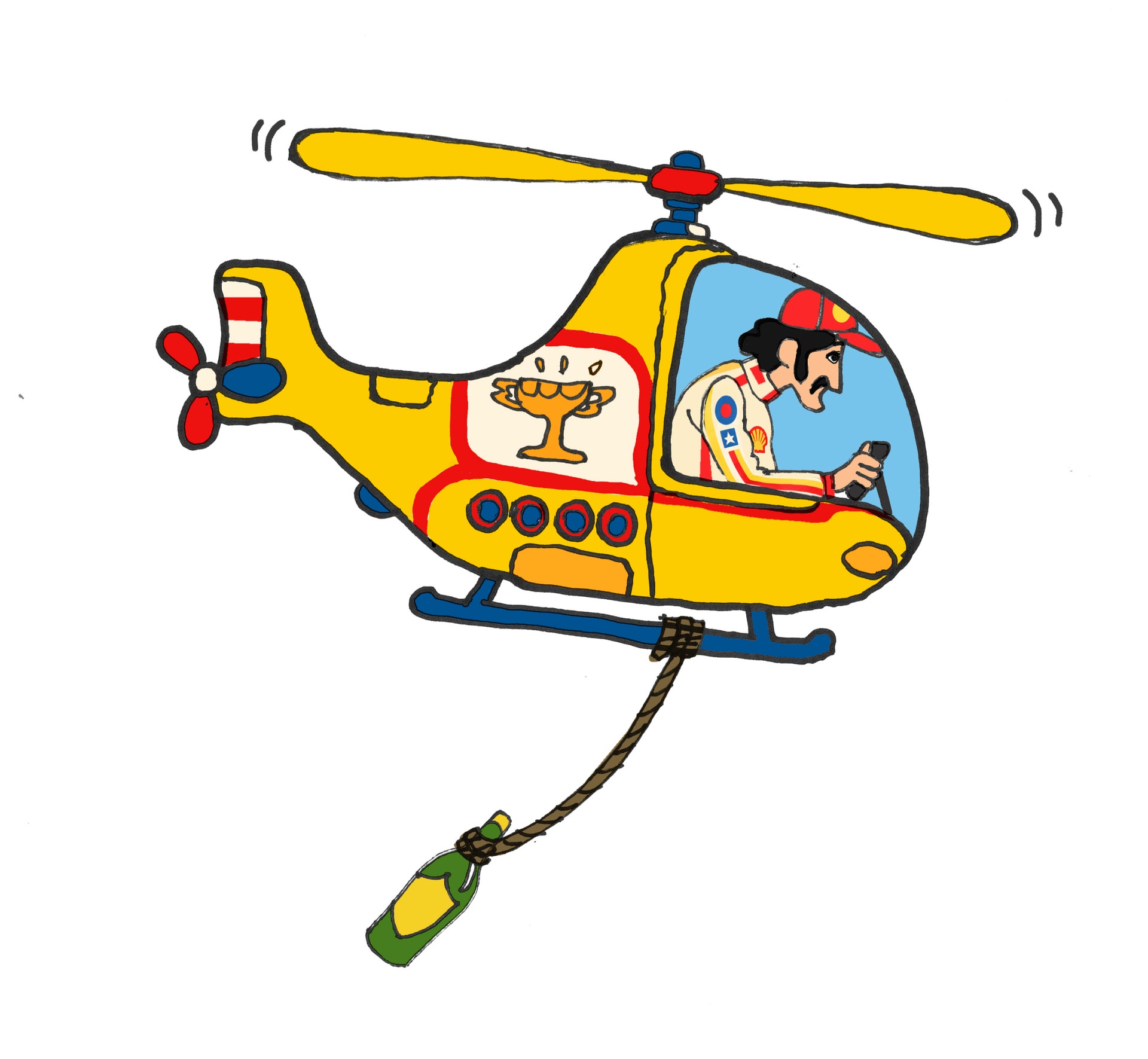 Tecknad gul helikopter med en pilot i röd keps. Under helikoptern hänger en champagneflaska i ett rep.