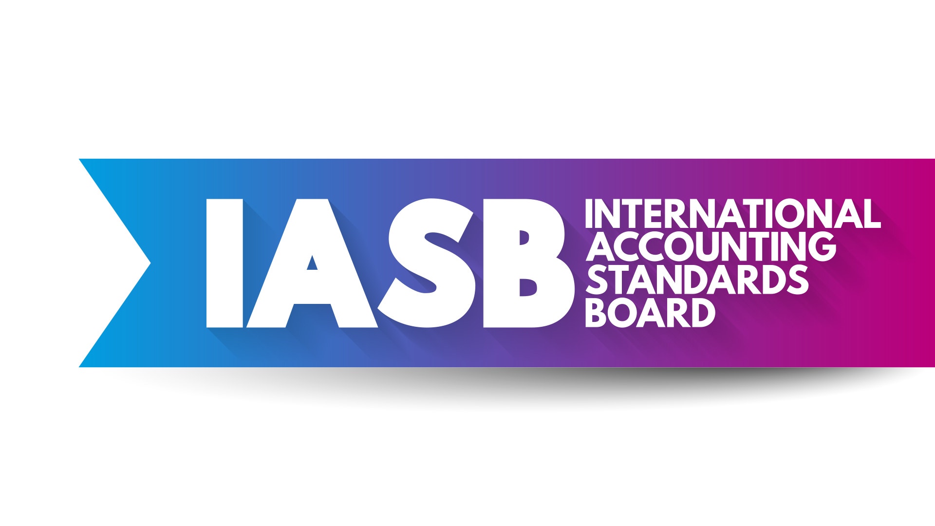 IASB-logotyp: International Accounting Standards Board. En modern logotyp med blå till rosa gradient och en pil på vänster sida.