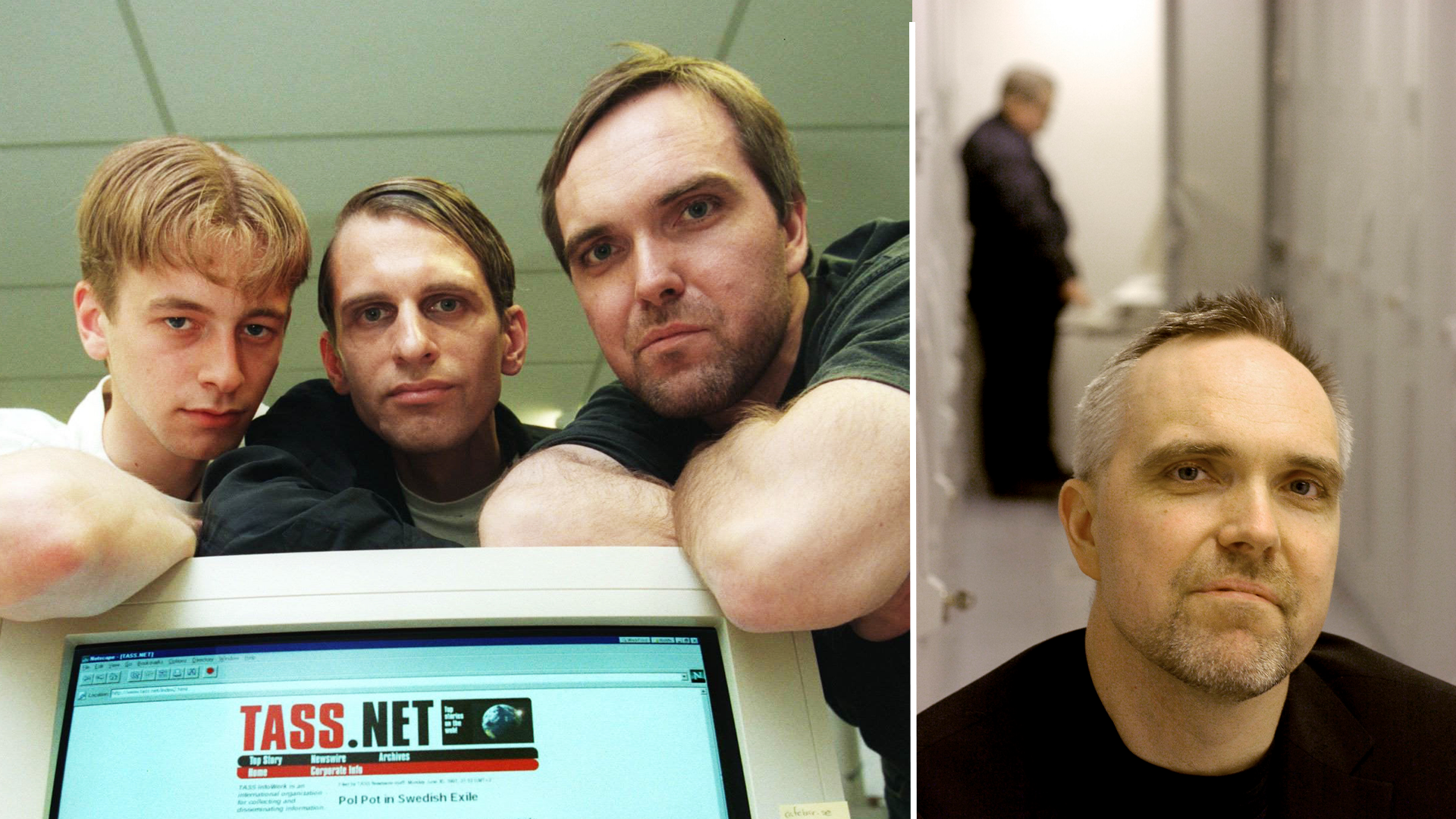 Två fotografier: Till vänster tre män framför en datorskärm som visar TASS.NET-webbplatsen. Till höger porträtt av en man i en korridor.