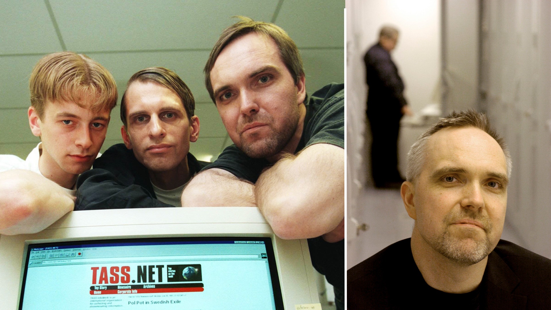 Två fotografier: Till vänster tre män framför en datorskärm som visar TASS.NET-webbplatsen. Till höger porträtt av en man i en korridor.