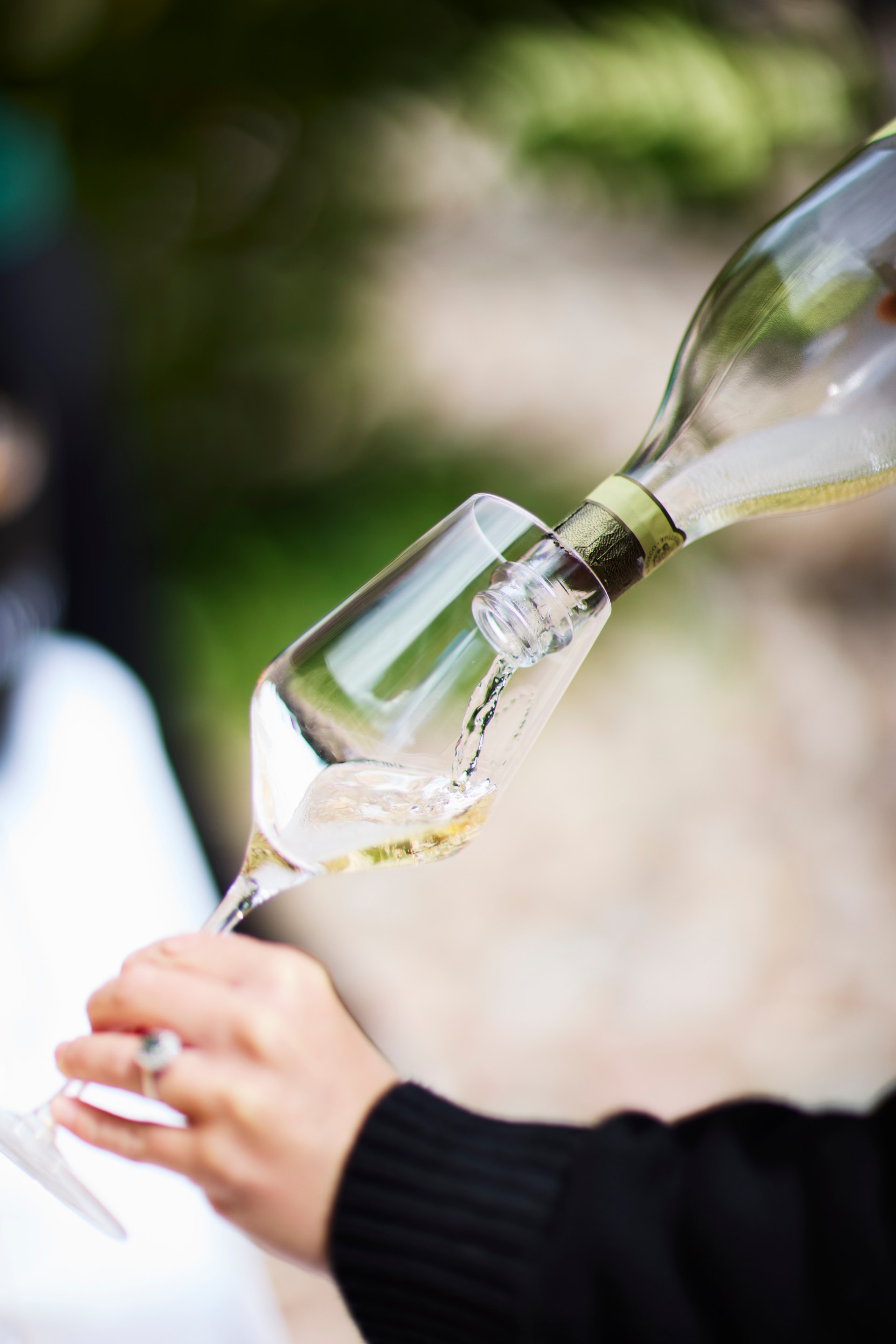 Vitt vin hälls från en flaska in i ett vinglas som hålls av en person i mörk klädsel. Suddig grön bakgrund.