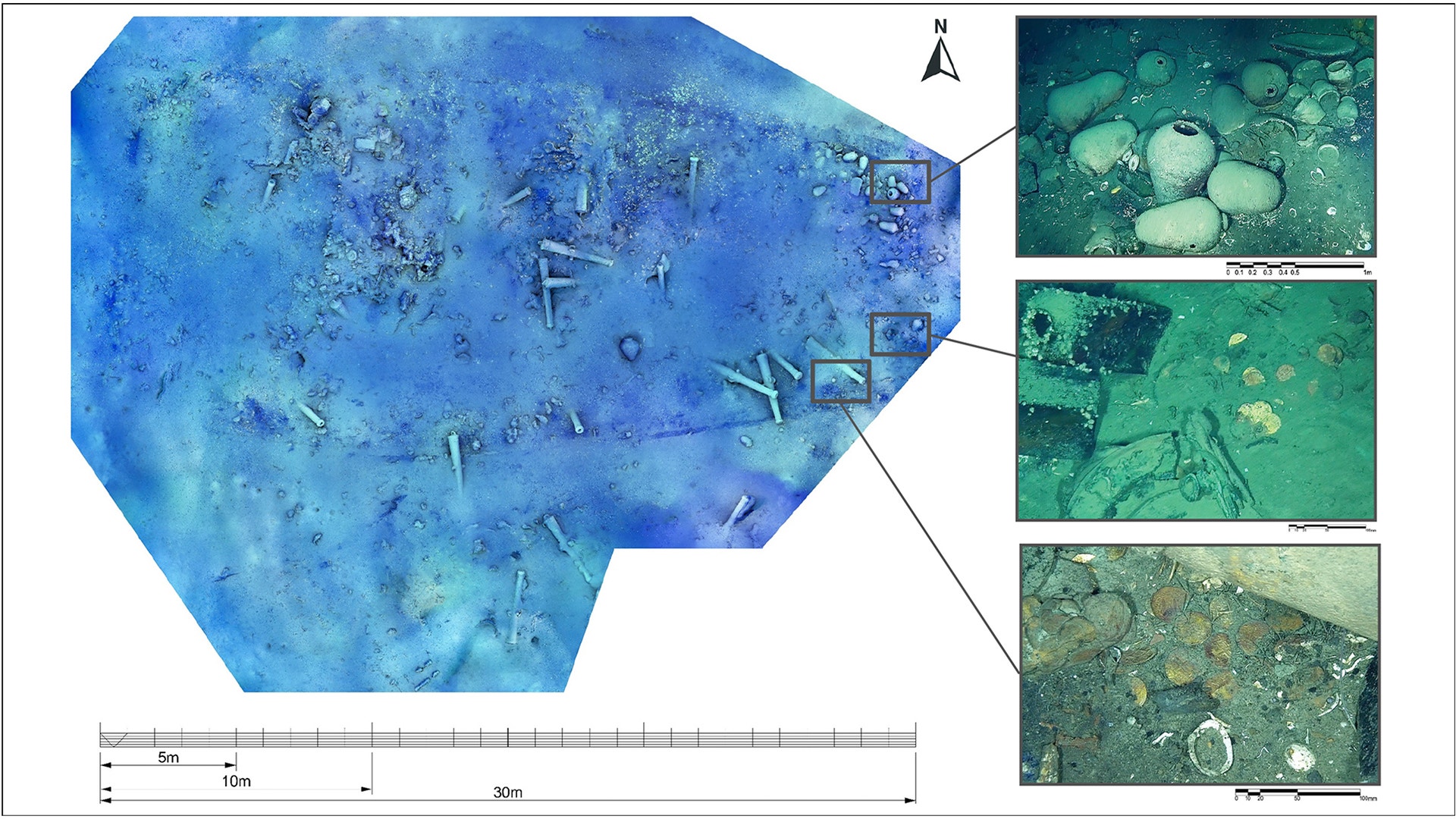Vetenskaplig kartläggning av havsbotten med blå sonardata och tre detaljerade undervattensfotografier som visar marina organismer och sediment på sjöbotten.