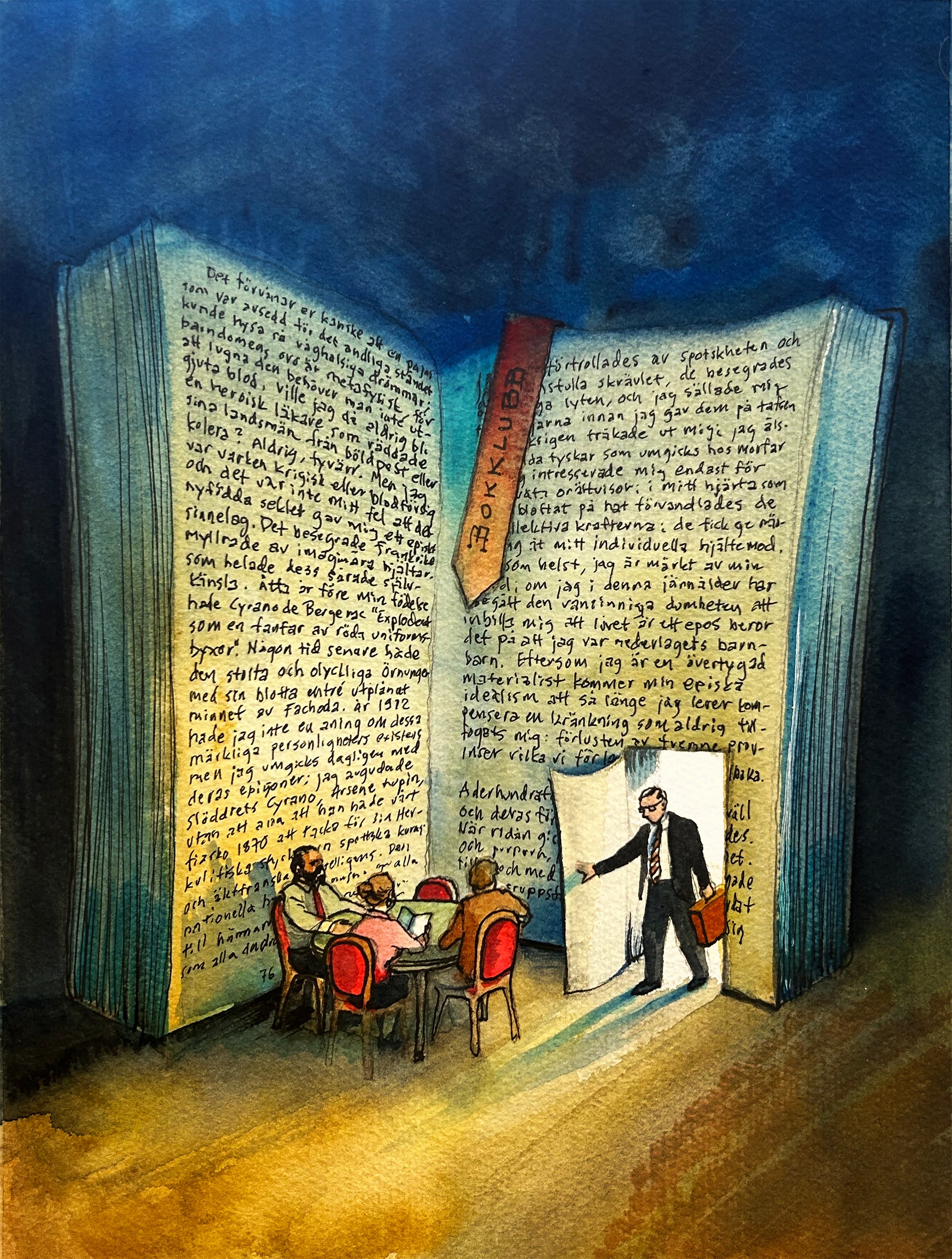 Illustration av en bokcirkel, där en stor bok utgör en vägg med en dörr i. 