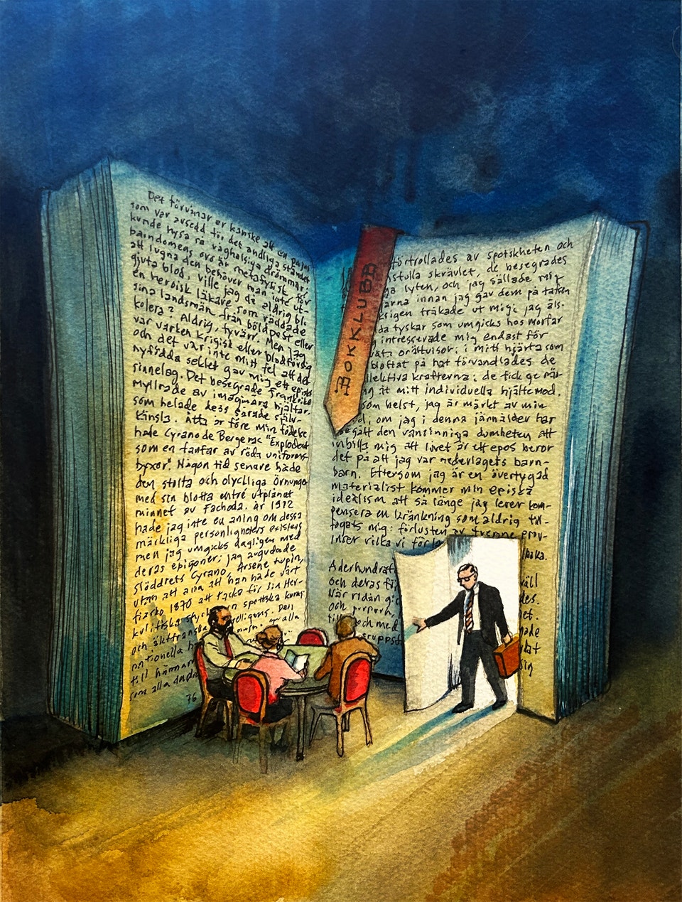 Illustration av en bokcirkel, där en stor bok utgör en vägg med en dörr i.