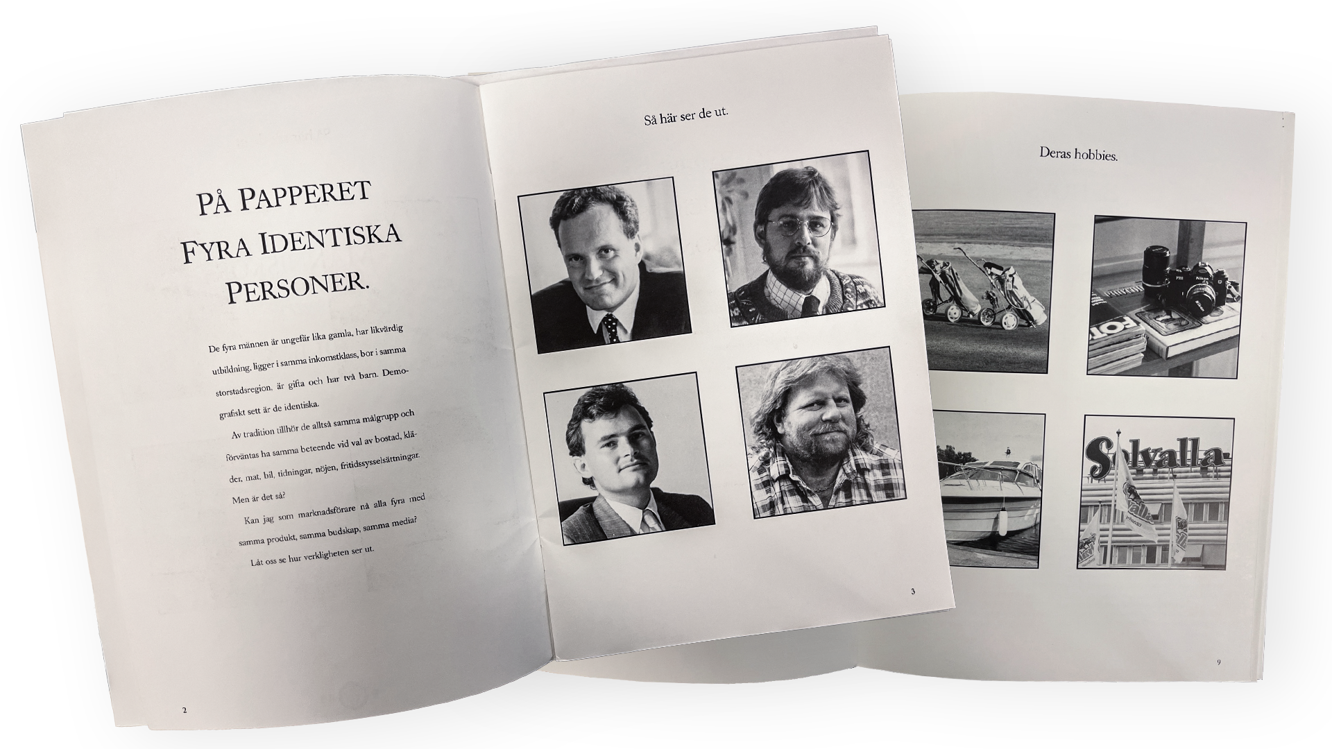 Öppen tidskrift med svenska texter och svartvita porträtt- och dokumentfotografier