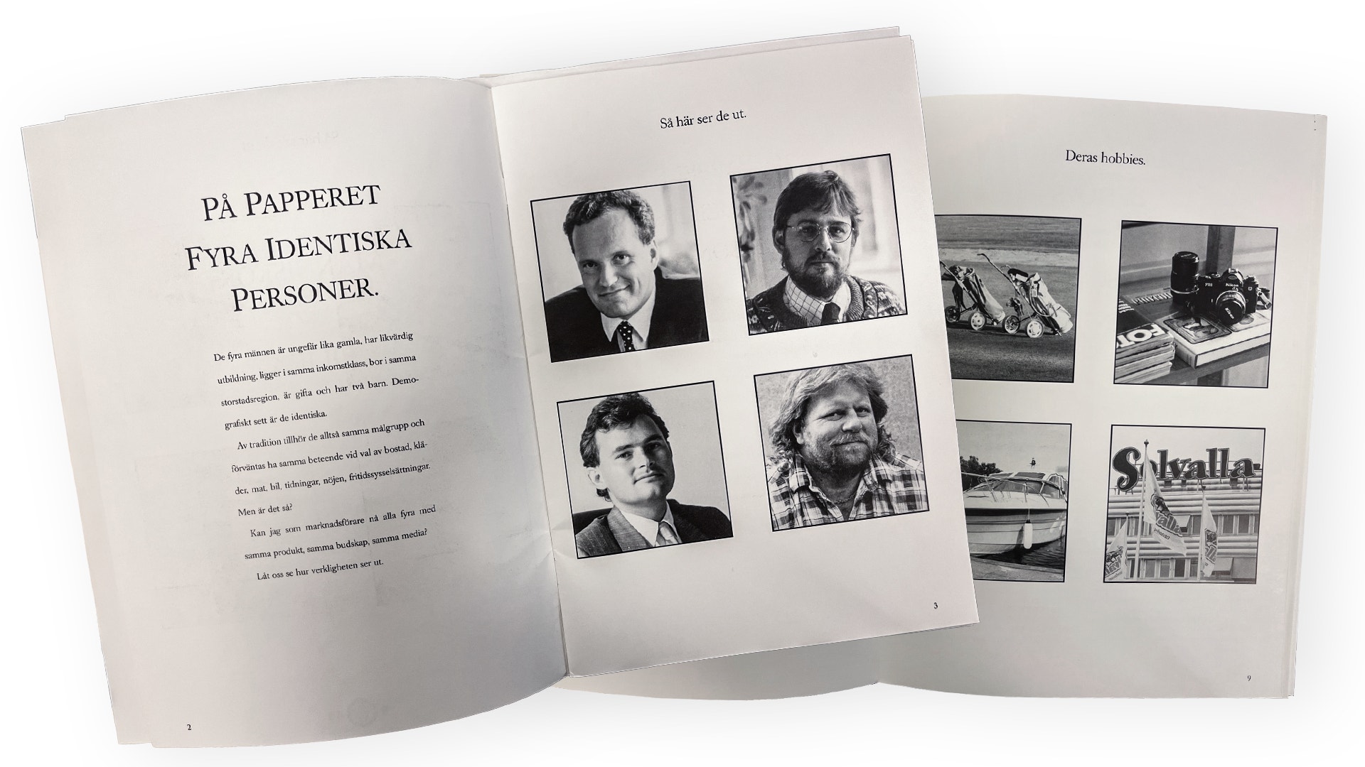 Öppen tidskrift med svenska texter och svartvita porträtt- och dokumentfotografier