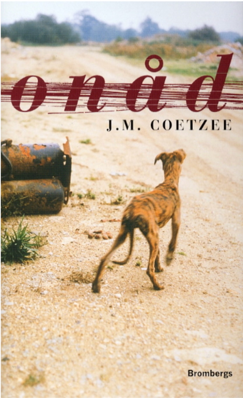 Bokomslag för Onåd av J.M. Coetzee. Bilden visar en mager hund som står på en sandig väg i ett torrt landskap med berg i fjärran.