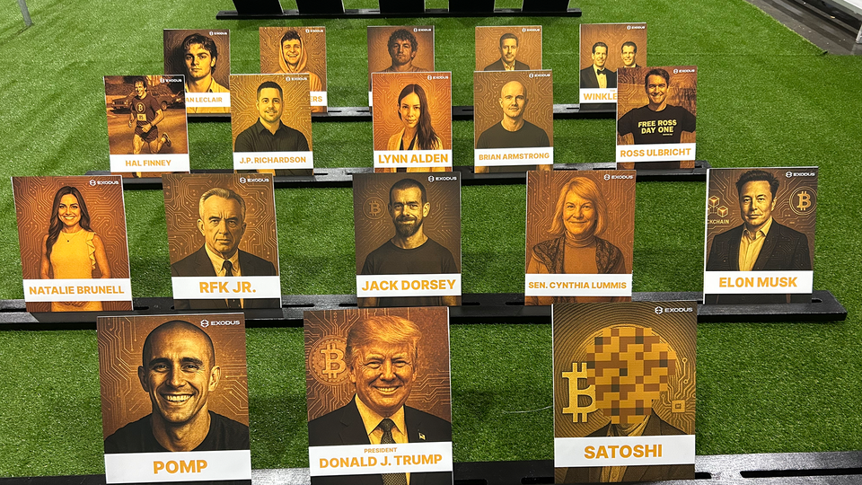 En uppförstorad variant av brädspelet Vem där? Identifierar profilerna i bitcoinuniversumet. PÅ korten kan man bland annat hitta Elon Musk och Satoshi.