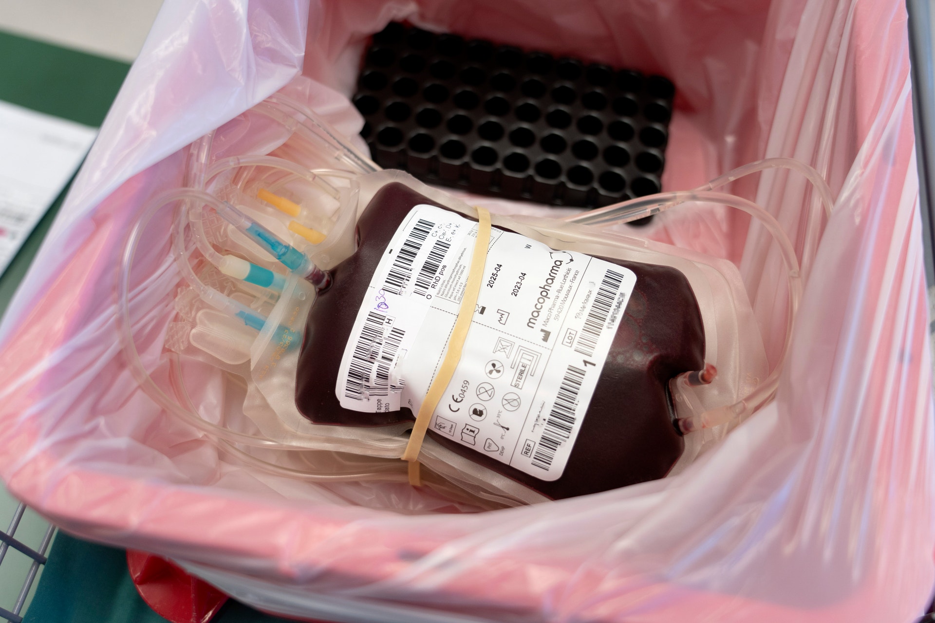 En rosa plastbehållare innehållande blodpåsar för transfusion. En märkt påse ligger framme medan andra påsar syns i bakgrunden.