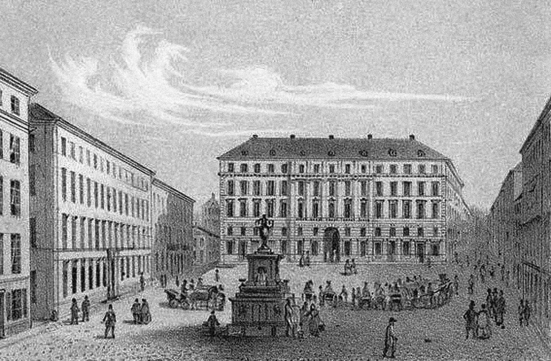 Historisk gravyr från Stockholm som visar Brunkebergs hotell och ett torg med en staty i mitten, omgivet av klassiska byggnader och människor från 1800-talet.