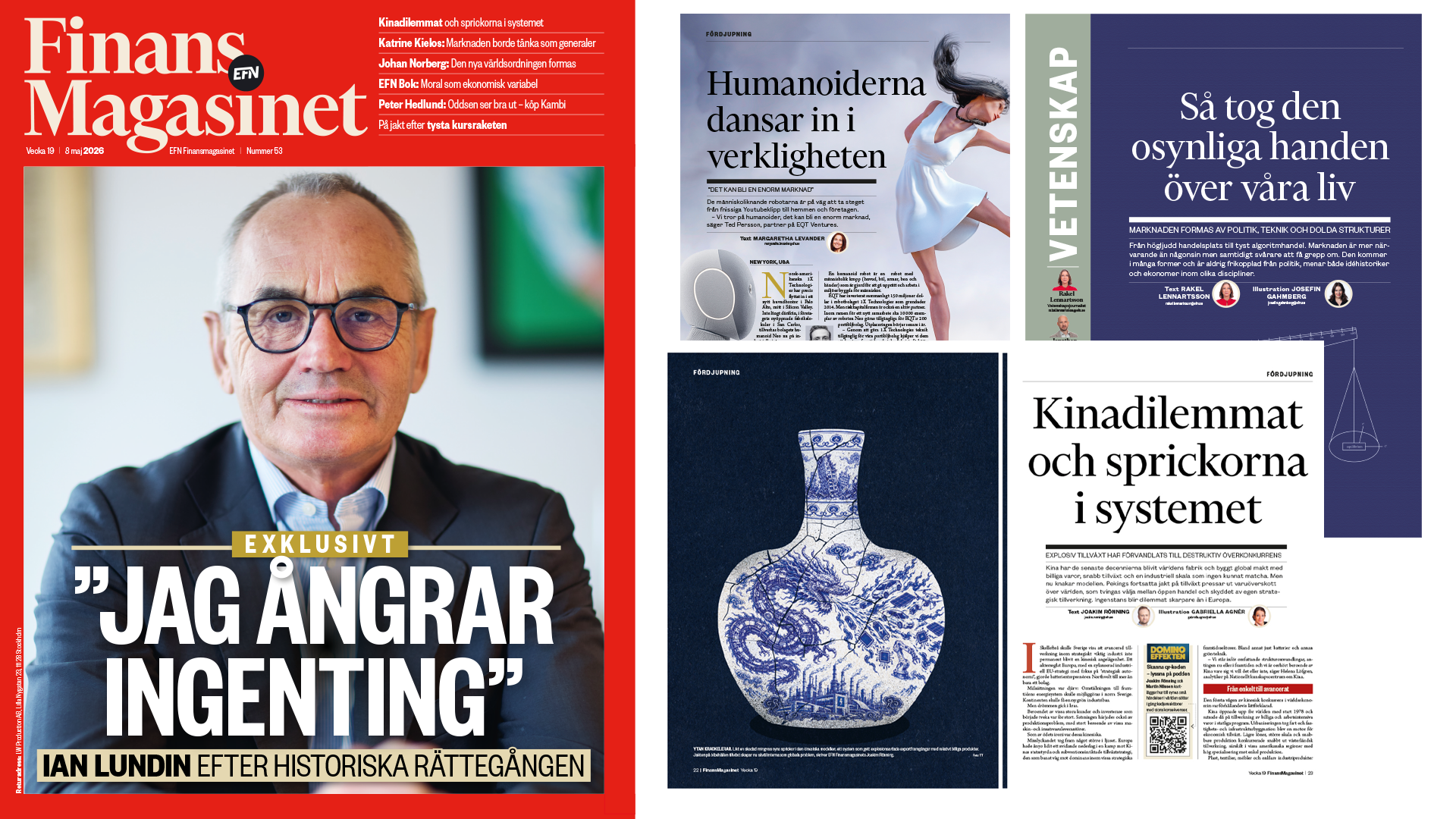 Omslag av Finansmagasinet nummer 53 med porträtt av en man med glasögon och flera artikelsidor från magasinet synliga i bakgrunden.