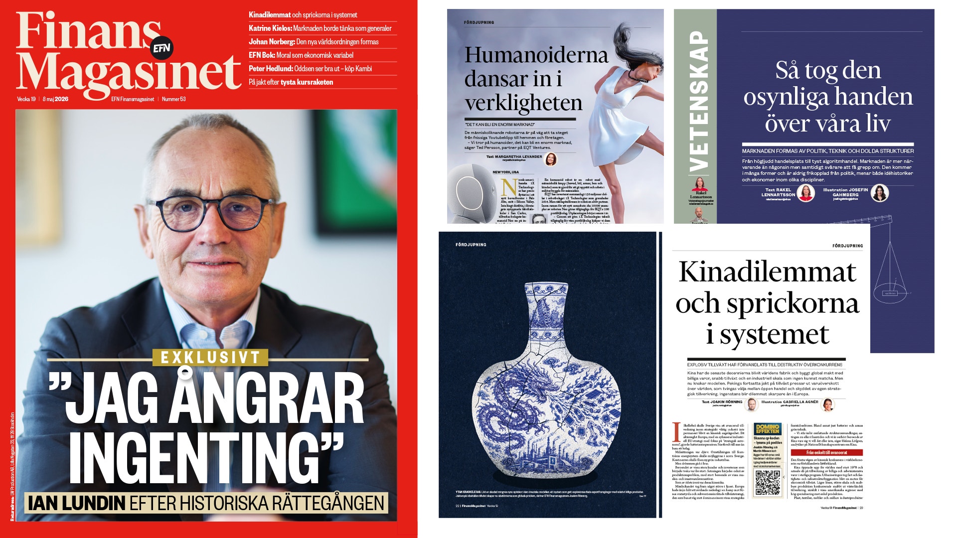Omslag av Finansmagasinet nummer 53 med porträtt av en man med glasögon och flera artikelsidor från magasinet synliga i bakgrunden.