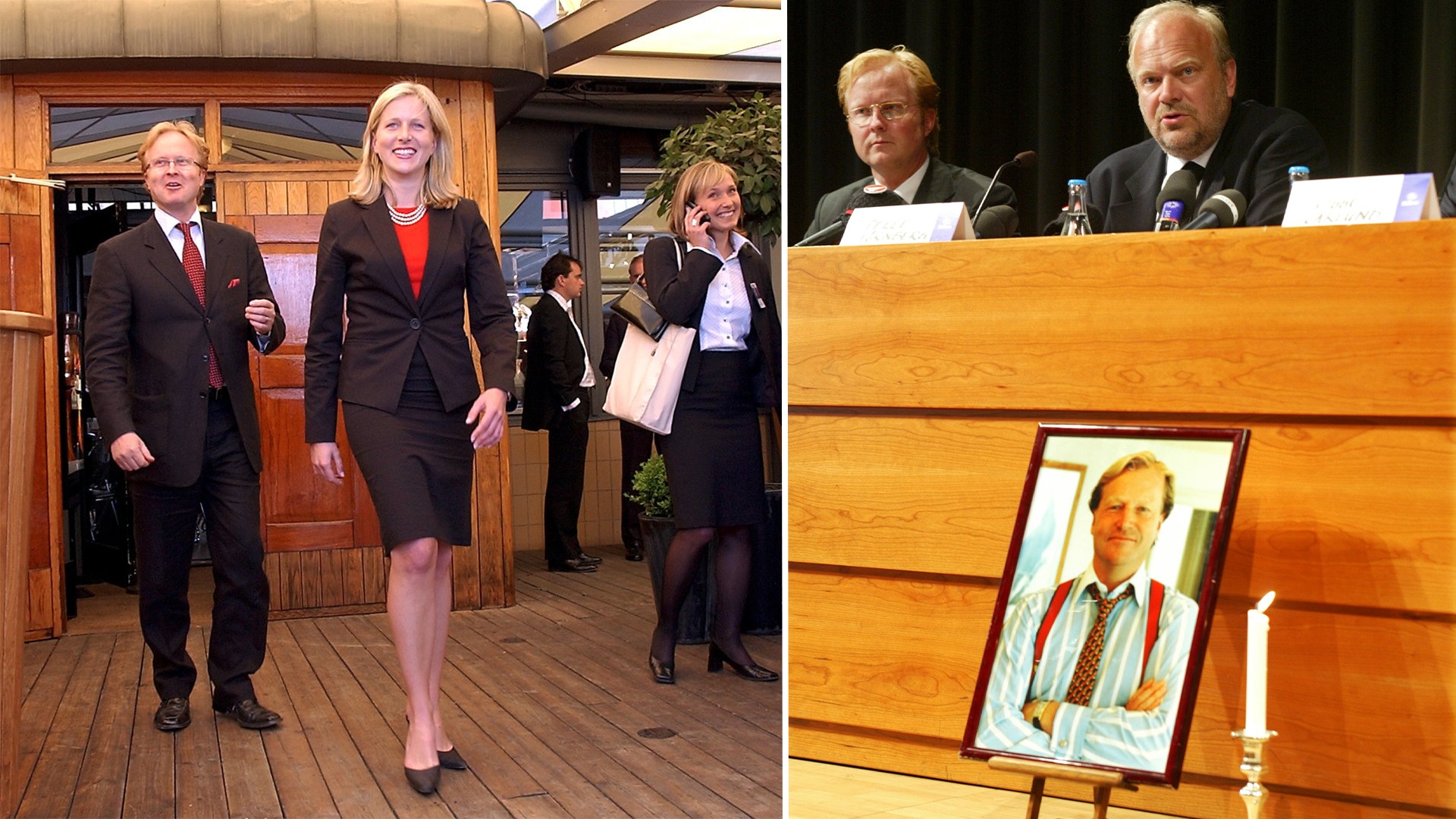 Två scener: Till vänster går tre personer i formell klädsel genom en träpanelad korridor. Till höger sitter två män vid ett bord med ett porträtt och en ljusstake framför sig.
