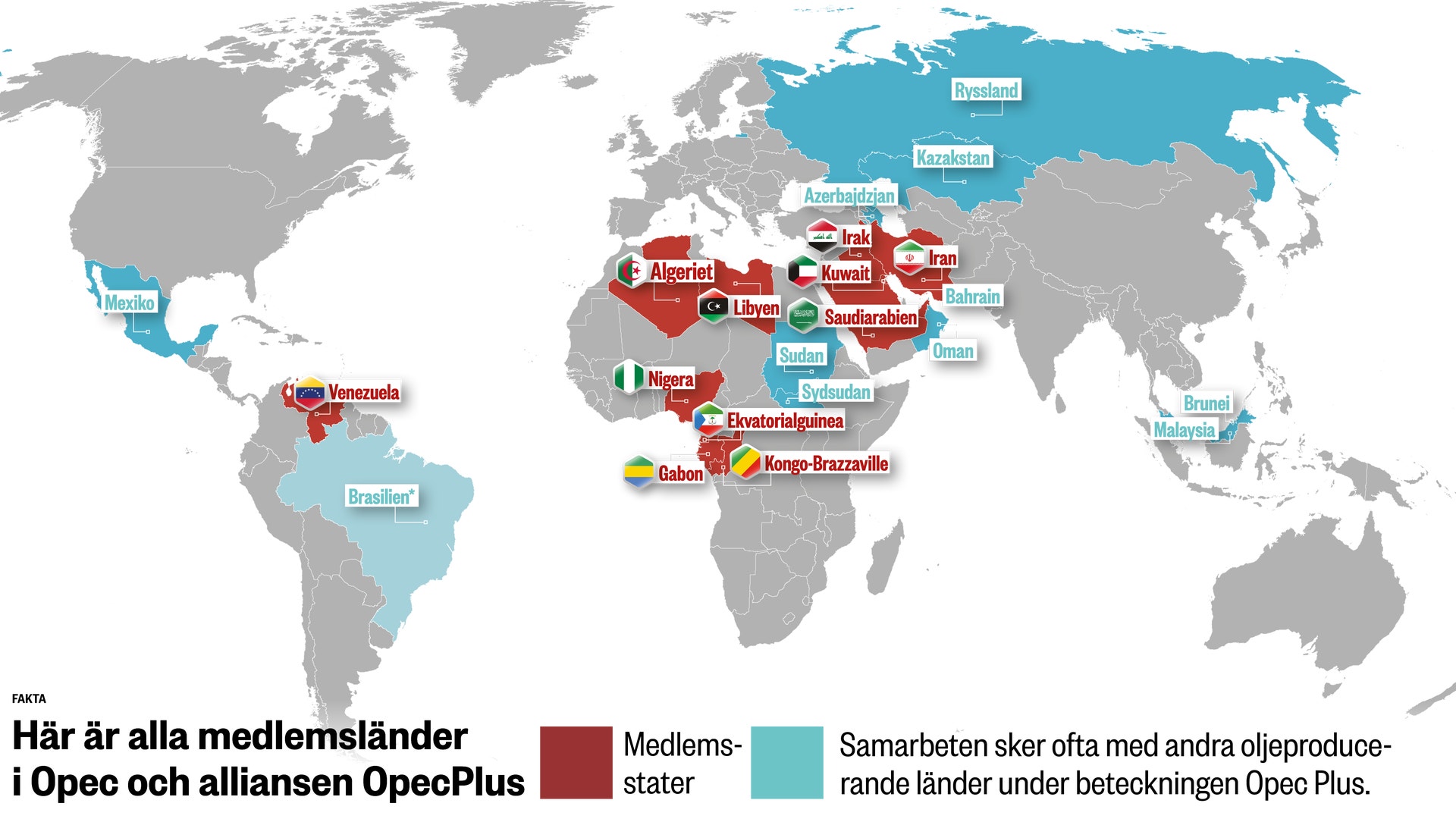 Världskarta som visar medlemsländer i Opec och alliansen OpecPlus. Medlemsstater är markerade i rött och samarbetande länder i ljusblått.