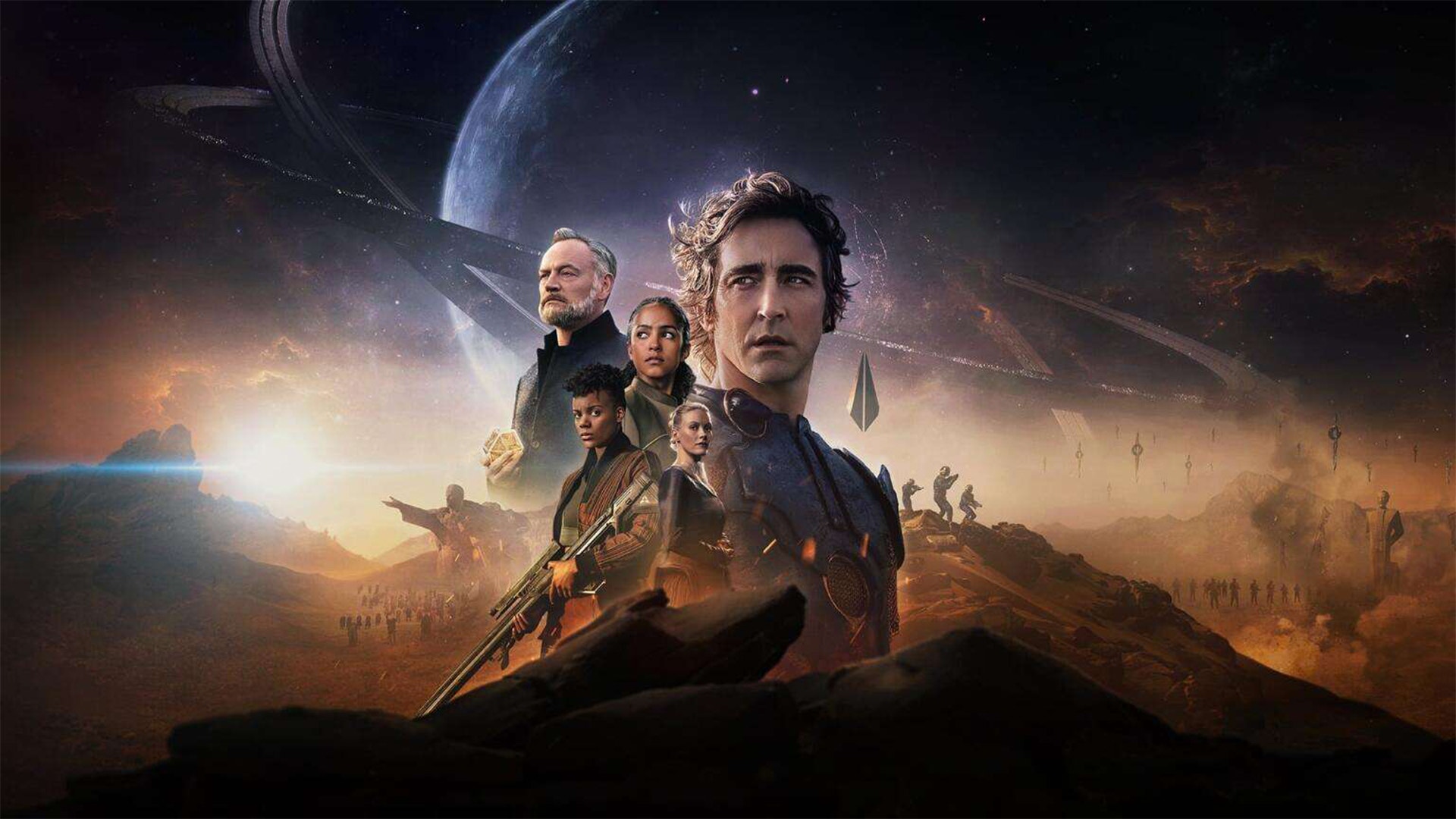 Filmaffisch för science fiction-film med flera karaktärer framför en dystopisk framtidsvärld med planeter och rymdskepp.