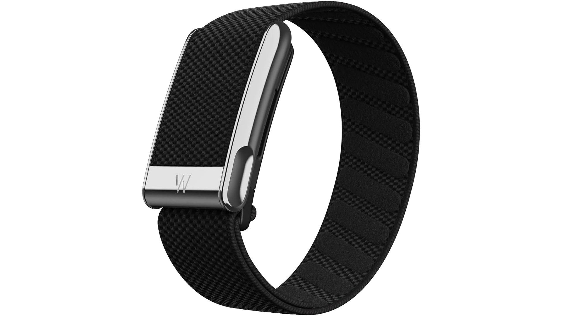 Svart smartwatch med textilband och silverfärgad spänne