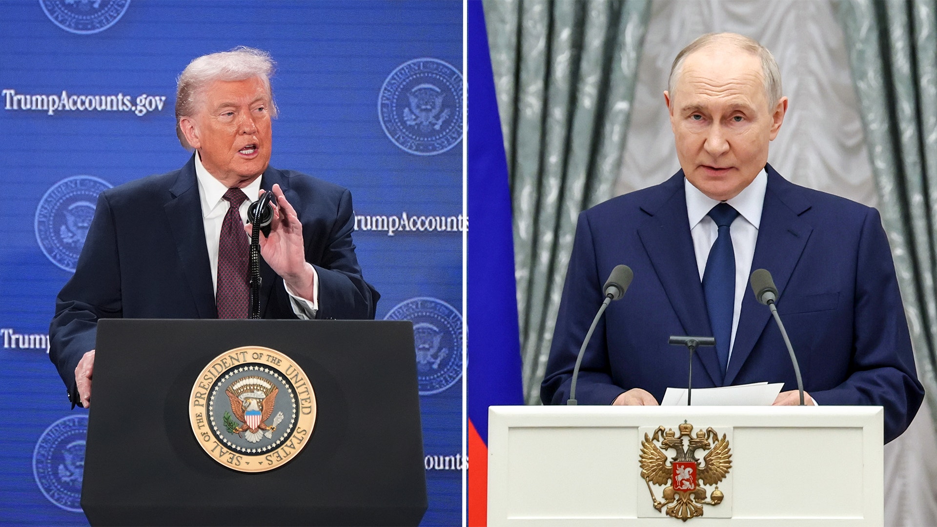 Bildkollage med två presidenter som talar bakom talarstolar, en amerikansk och en rysk.