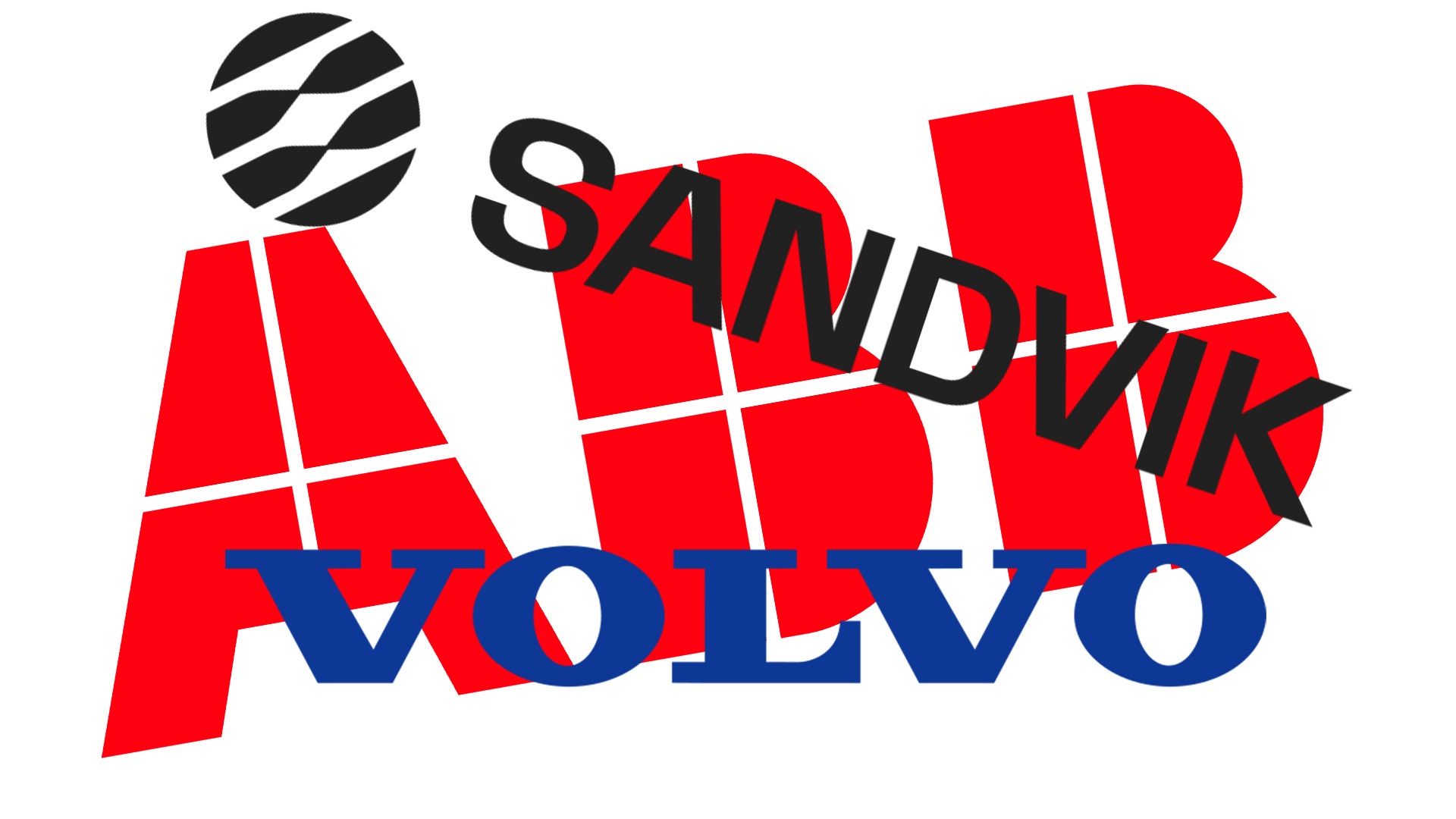 Logotyp för Sandvik Volvo med röda geometriska former, en svartvit sfär och blå text.