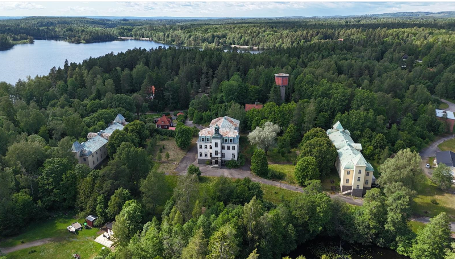 Bilden visar slottsliknande byggnader som är till salu i Motala. Byggnaderna är vita med grått/grönt tak. 