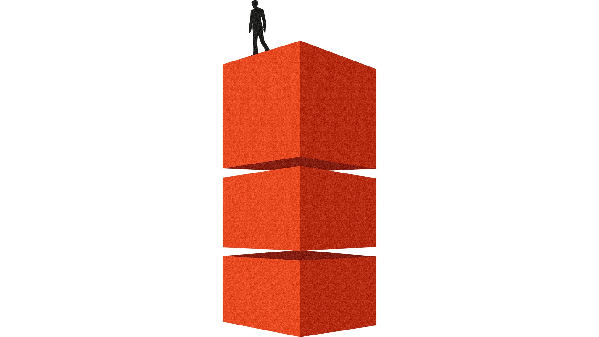 Illustration av en person som står på toppen av en stapel med röda kuber, symboliserar framgång och ambition.