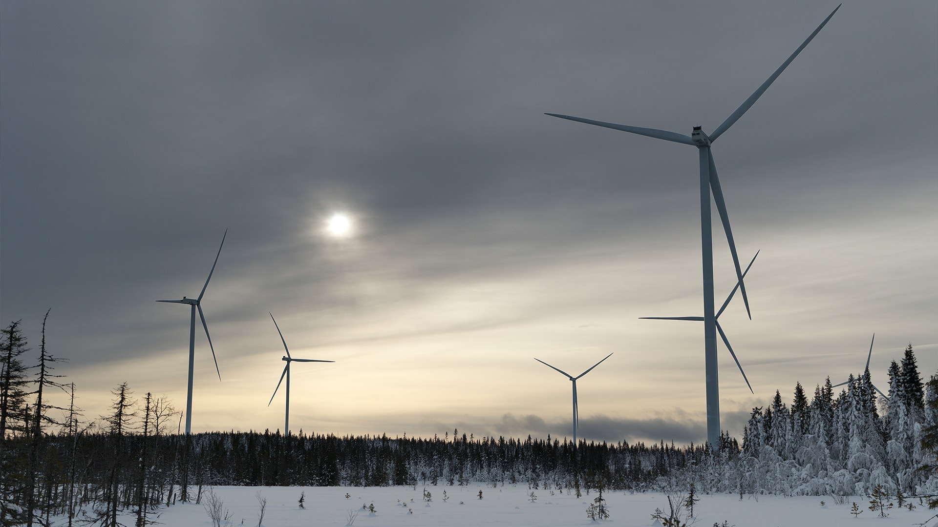 Vindkraftverk i snölandskap under molnig himmel